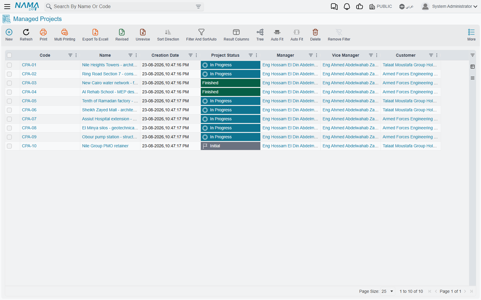 The Managed Project list view, showing status, manager and customer columns