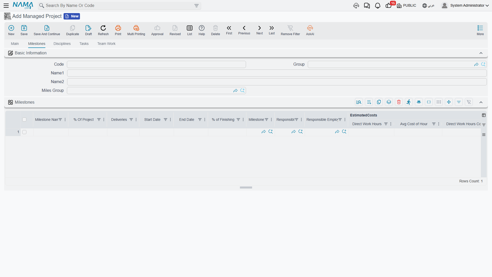 The Milestones page of a Managed Project, with the Miles Group field and the milestone grid