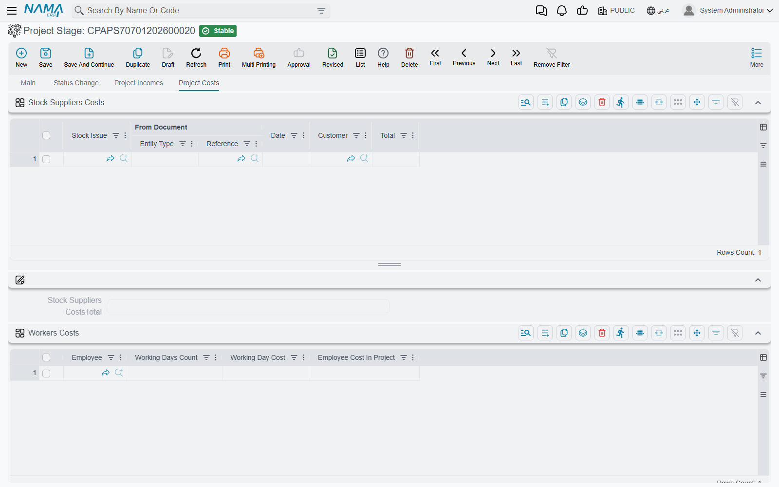 The Project Costs tab, showing the Stock Suppliers Costs grid and the Workers Costs grid below it