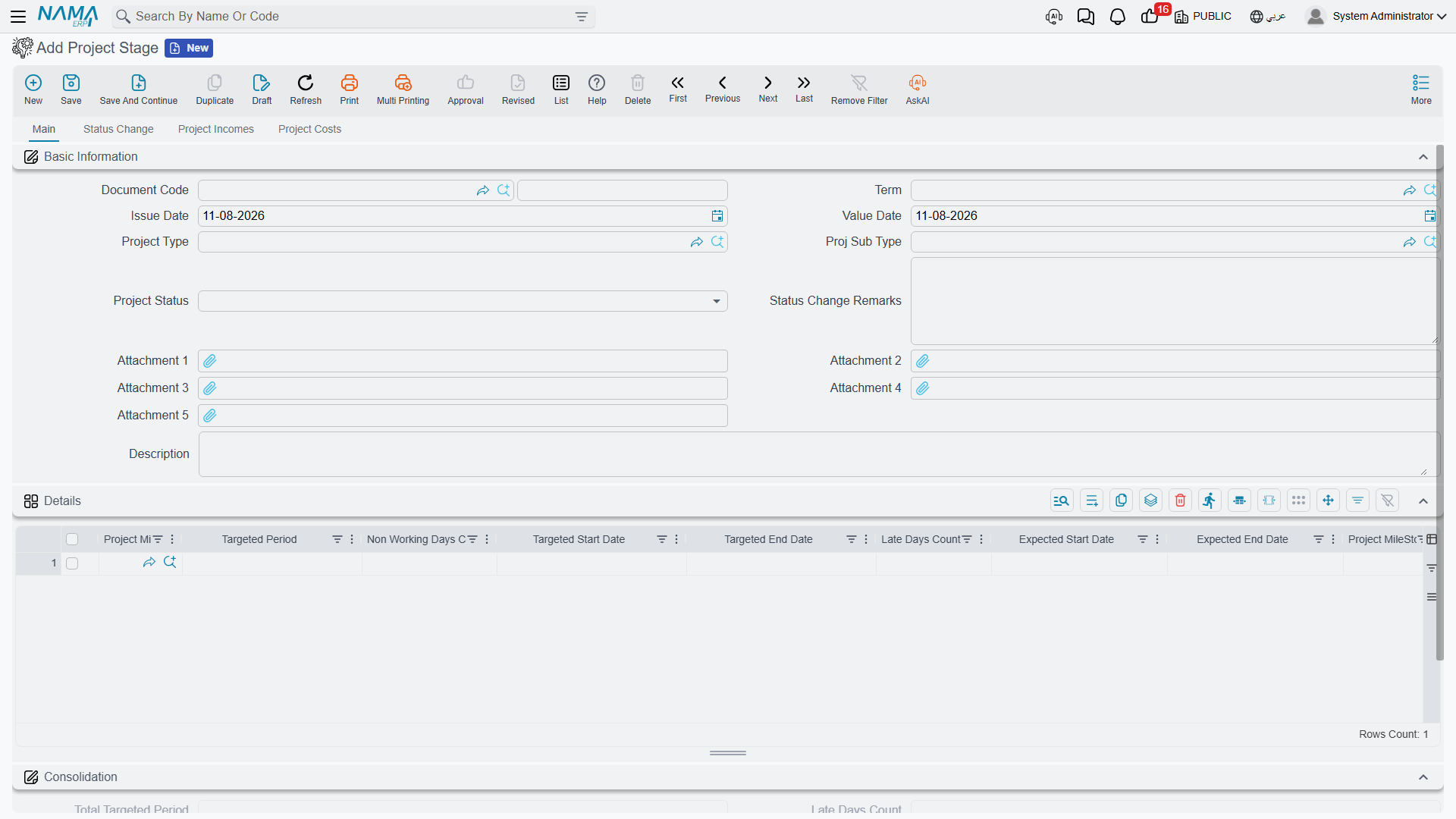 The Project Stage main page: the header, the schedule grid, and the read-only Consolidation totals below it