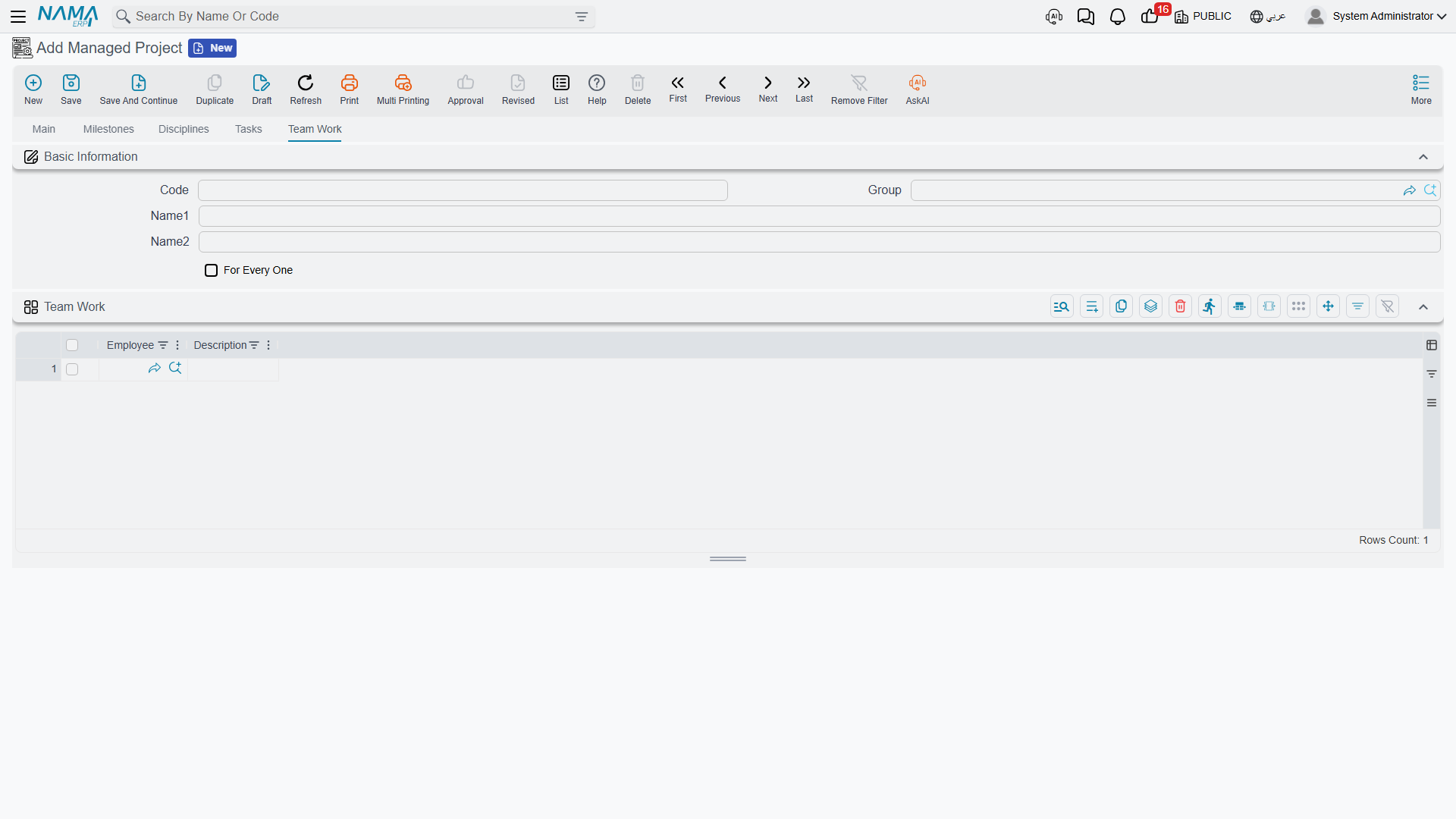 The project's Team Work page, which decides who may book time to the project