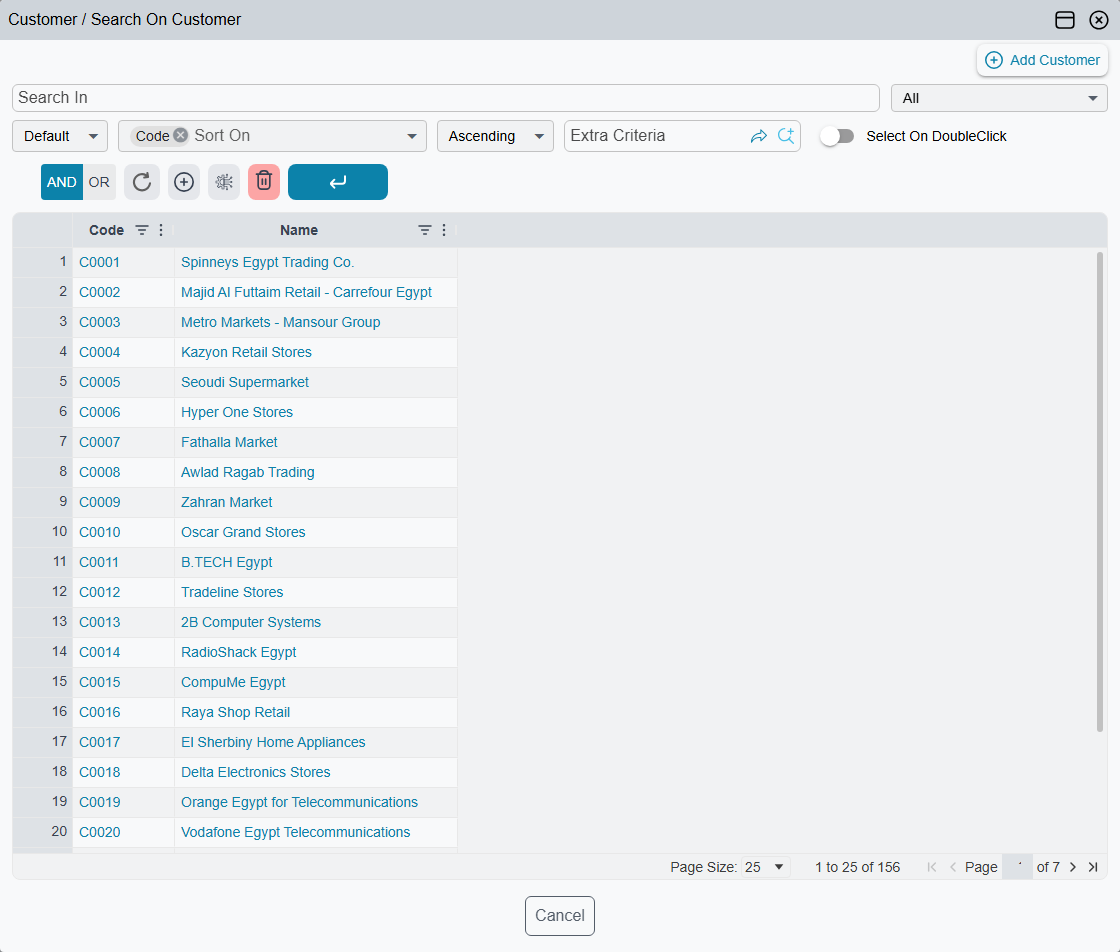 The search page of the window, opened with F4 on the Customer field of a sales invoice