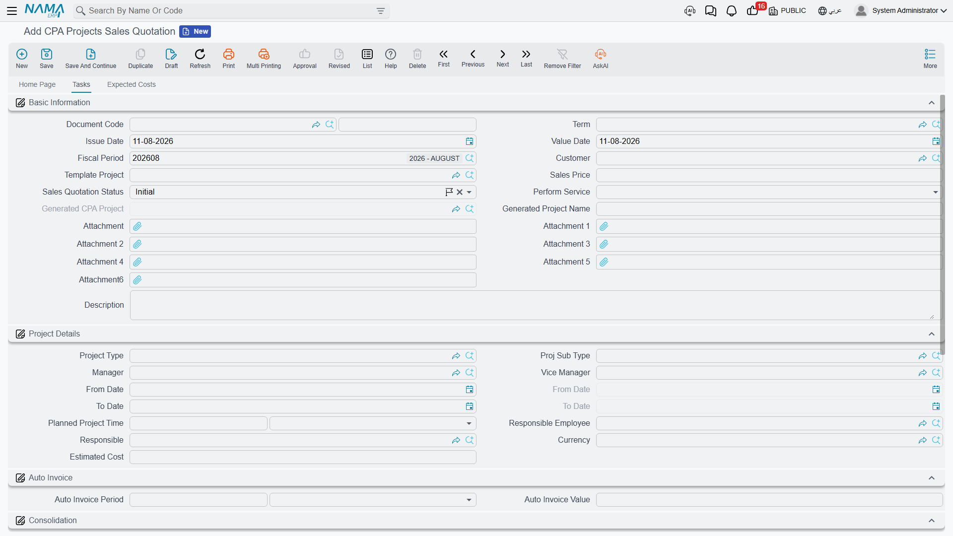 The Tasks page — one row per employee and task, with planned hours, hourly rate and planned cost