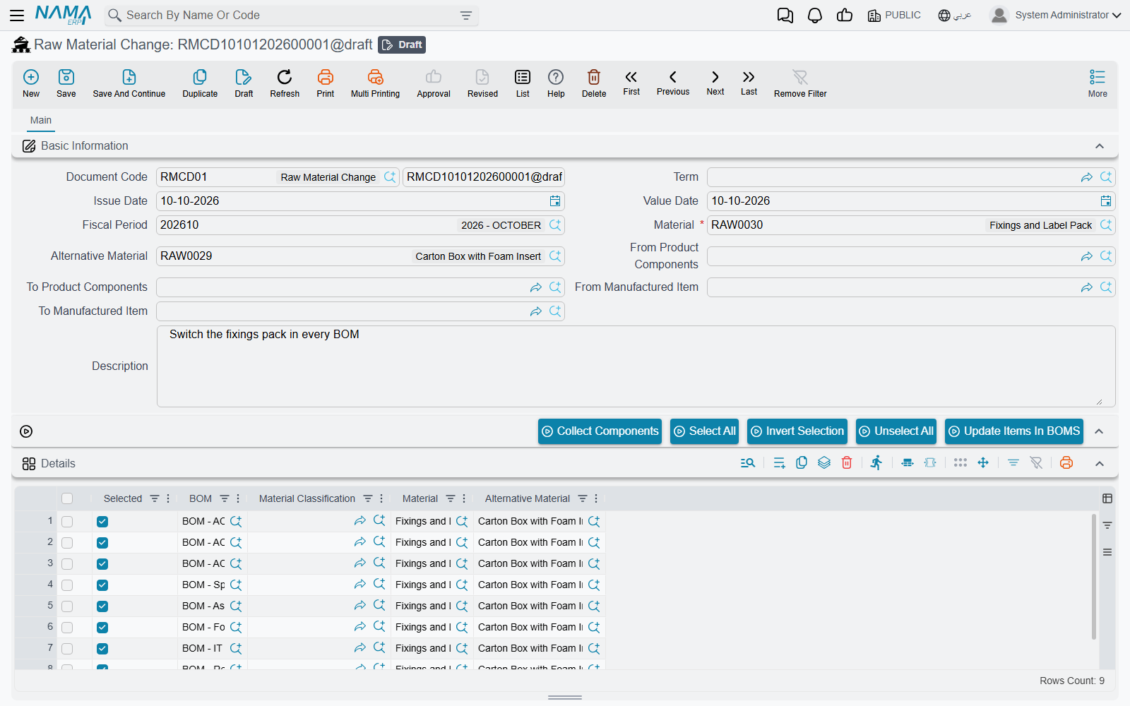 A Raw Material Change document after Collect Components and Select All
