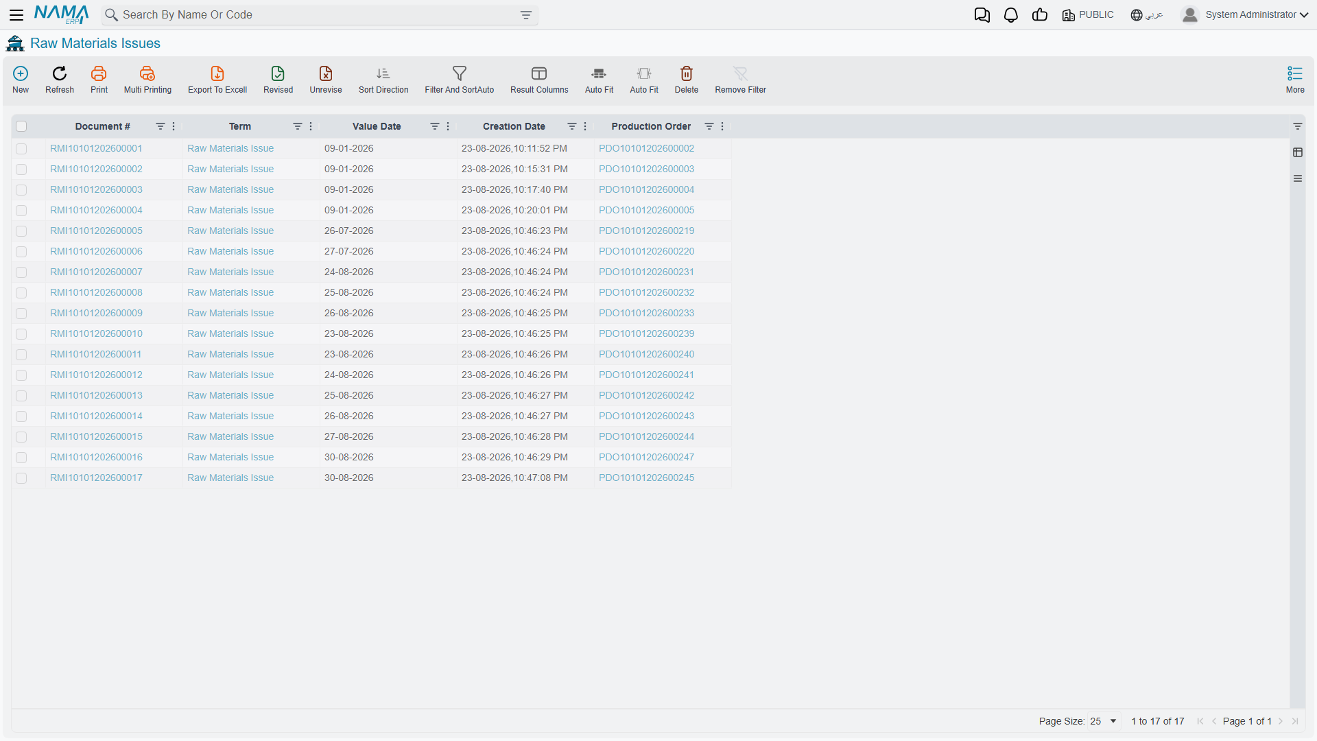 The raw materials issue list view