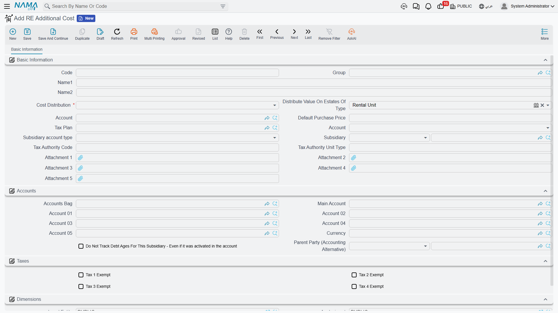 The RE Additional Cost master file, showing the Cost Distribution and Distribute Value On Estates Of Type fields