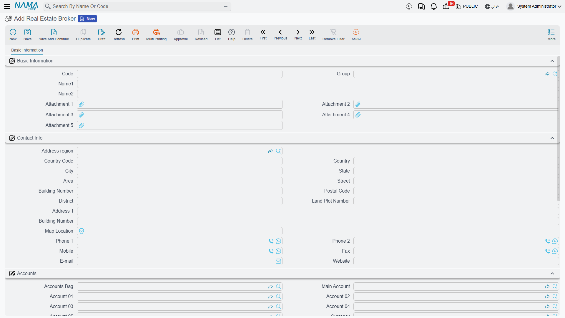 The Real Estate Broker master file with contact information, accounts and tax information