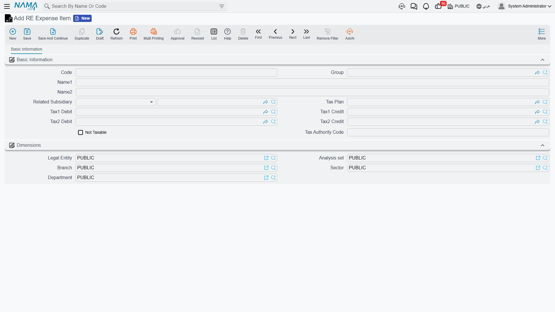 The RE Expense Item master file with its related subsidiary and tax fields