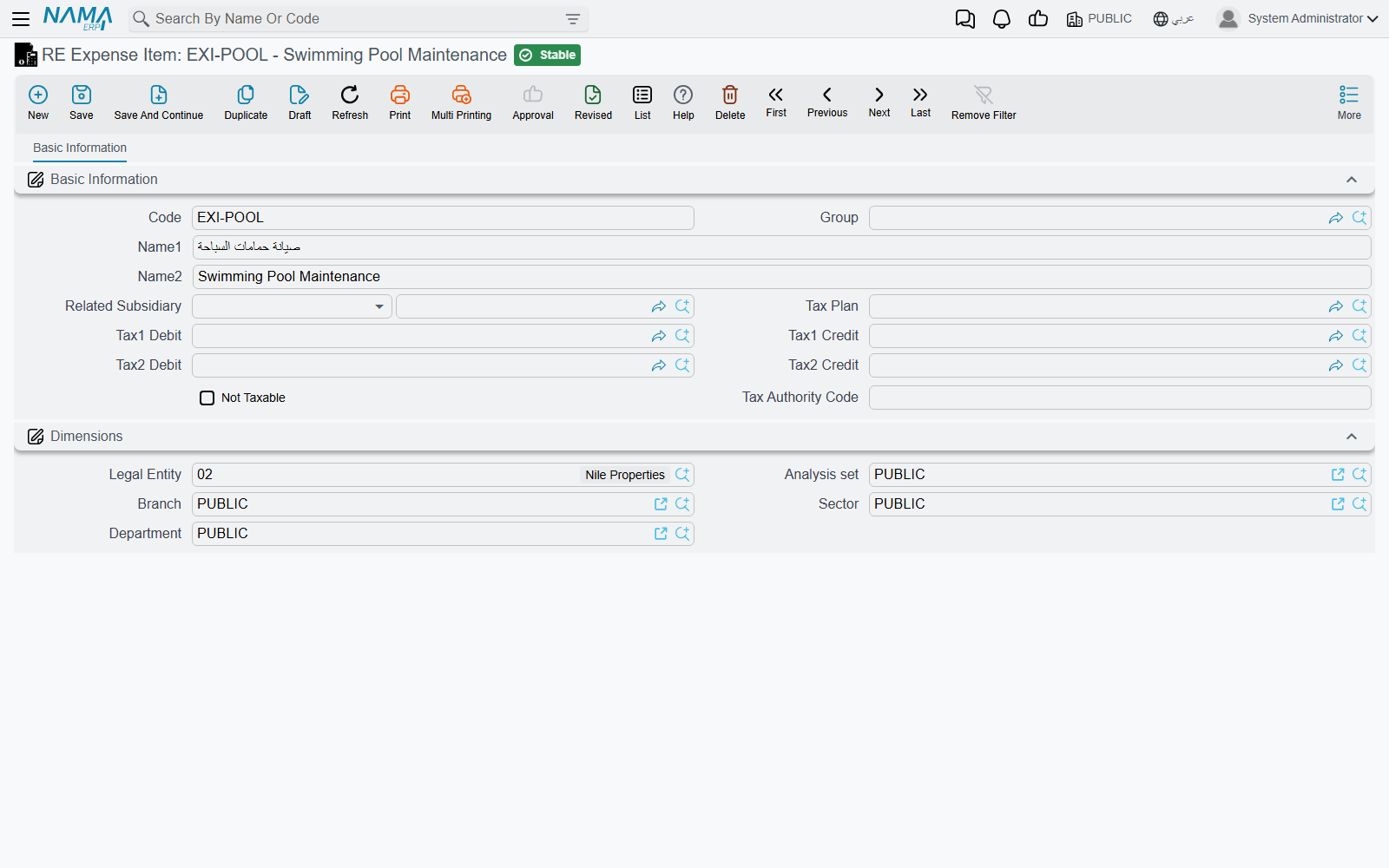 The RE Expense Item master file with its related subsidiary and tax fields