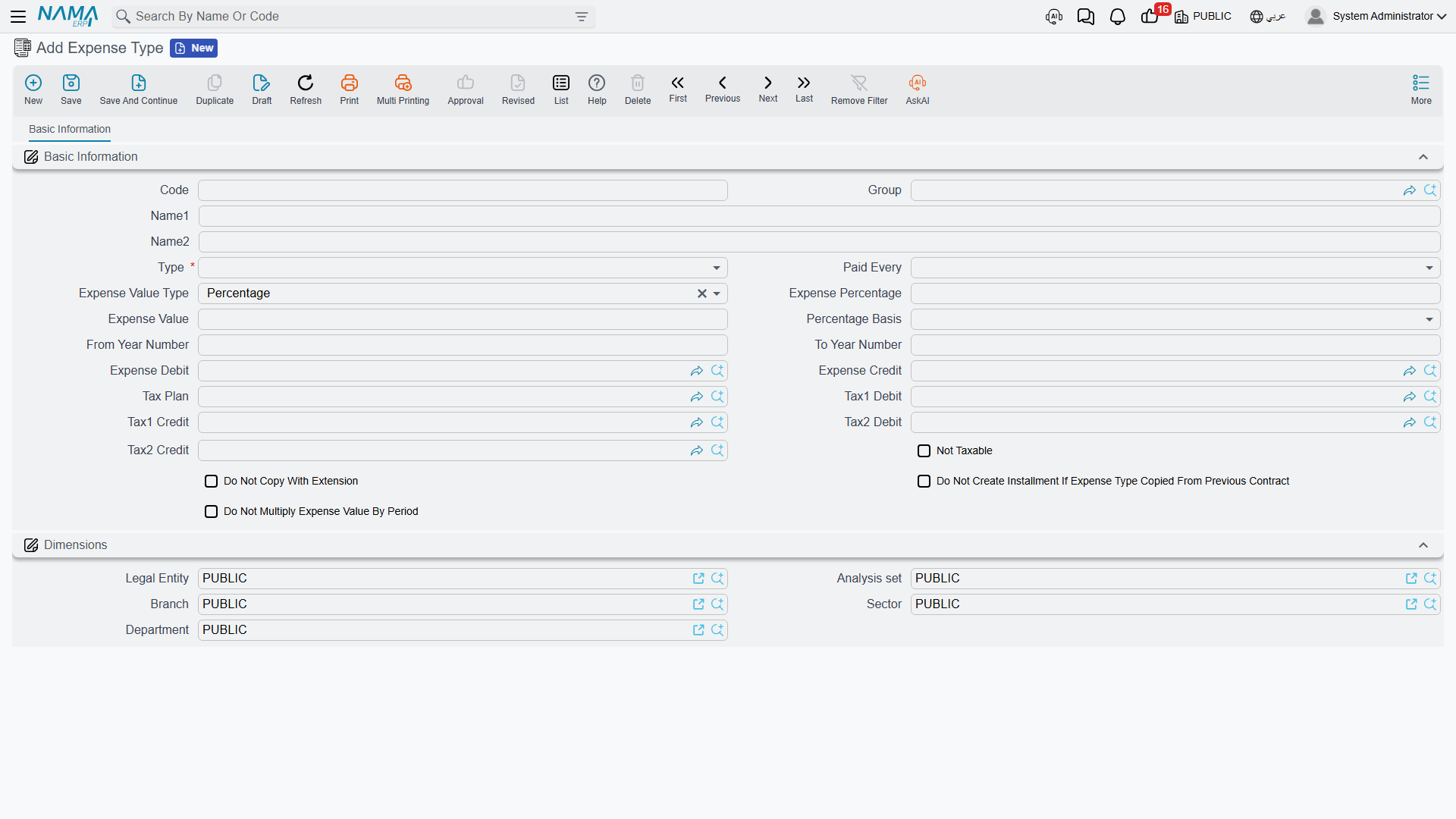 The Expense Type master file showing the value type, percentage basis and year range