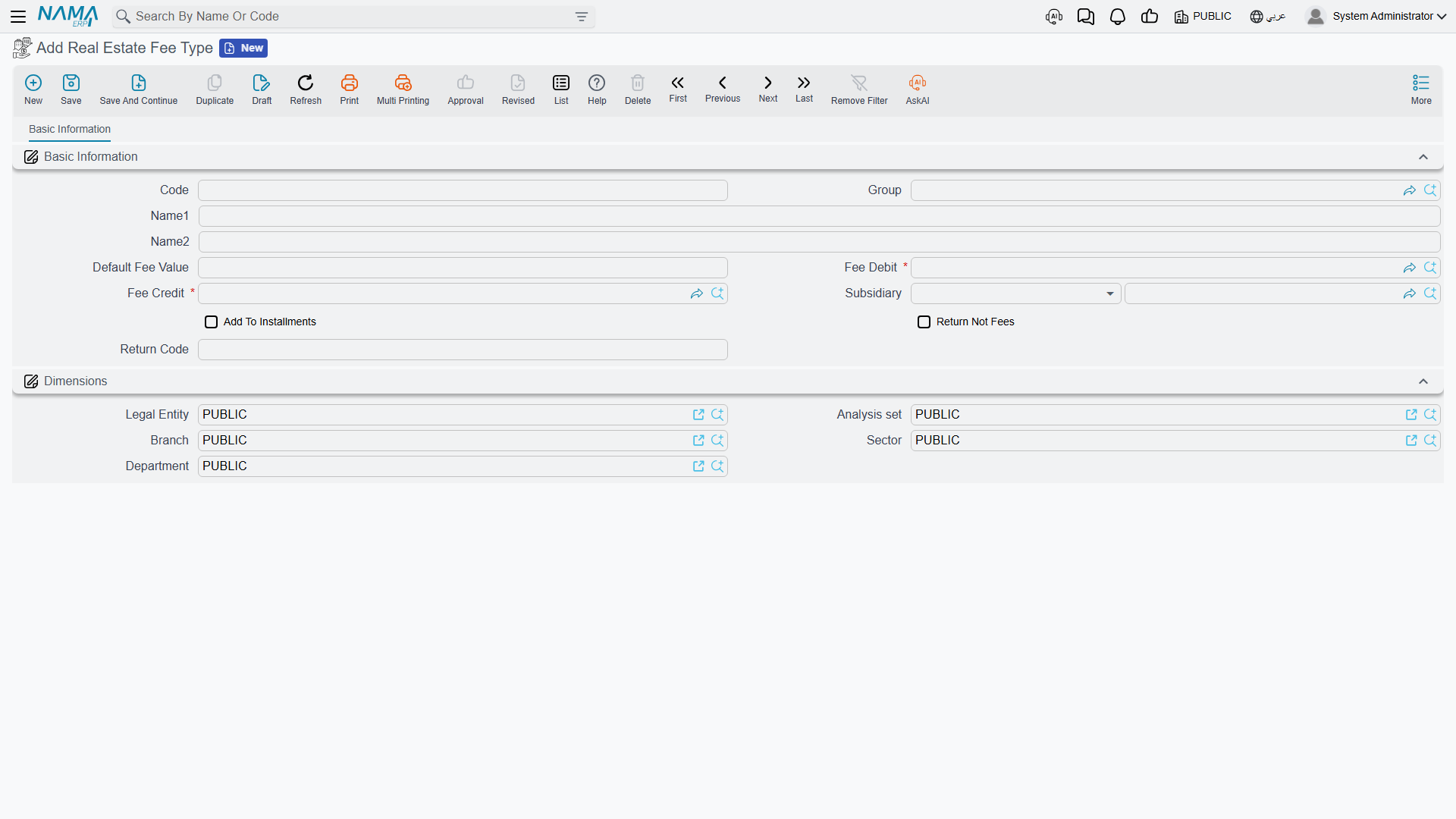 The Real Estate Fee Type master file with its default value and its own debit and credit sides