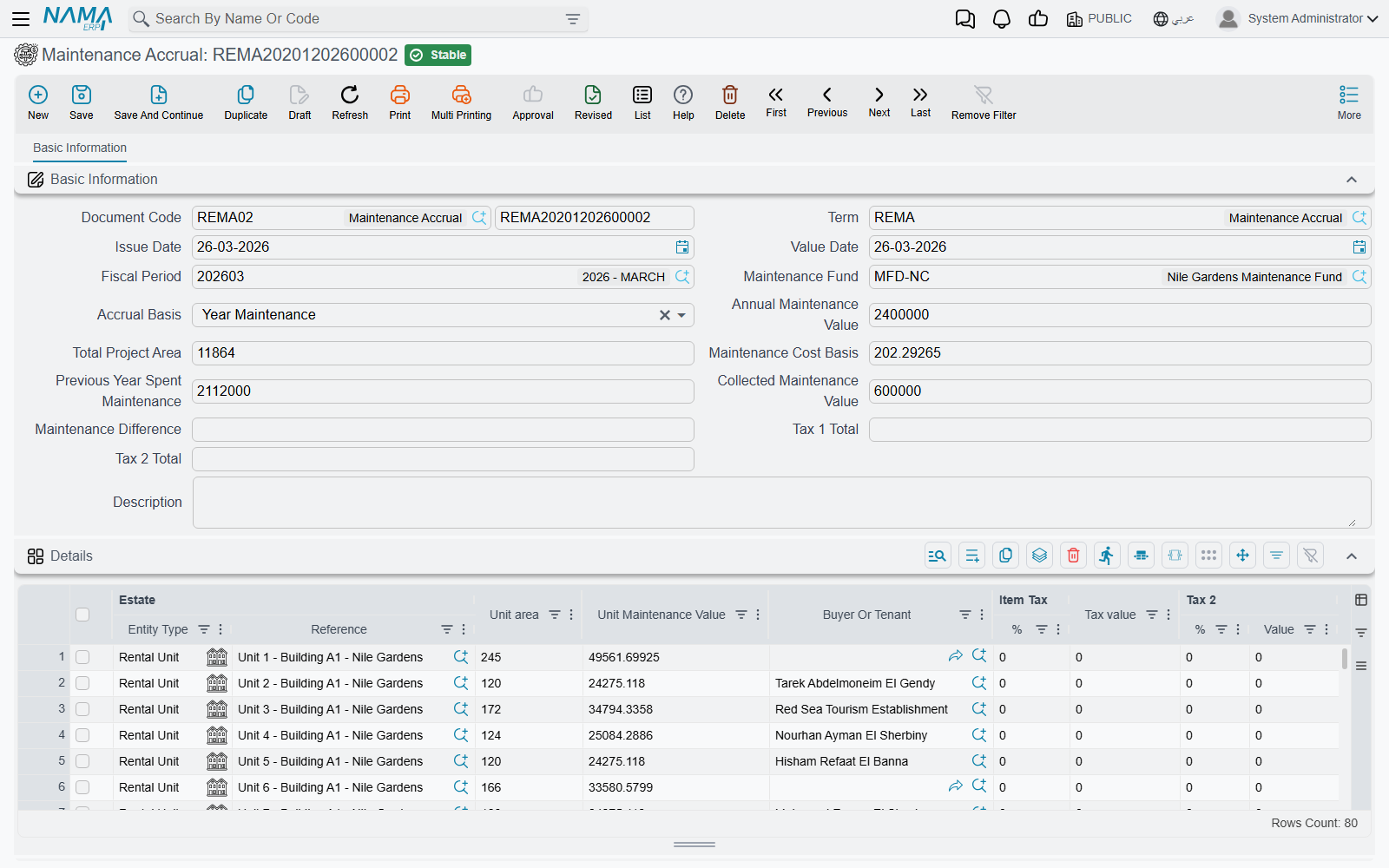 The Maintenance Accrual document with its fund, annual value, cost basis and per-unit lines