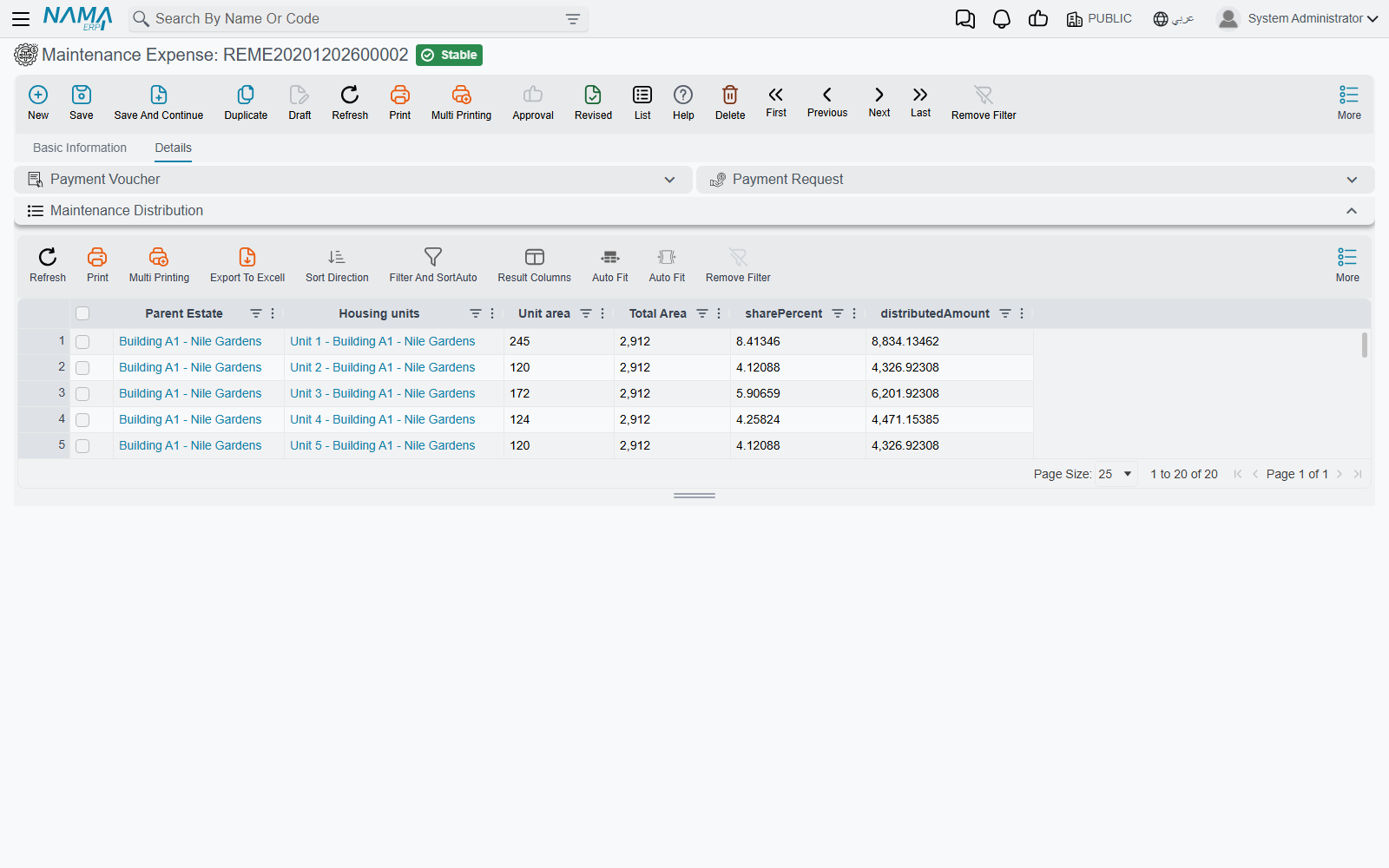 The Details tab of the Maintenance Expense, showing the distribution rows per unit