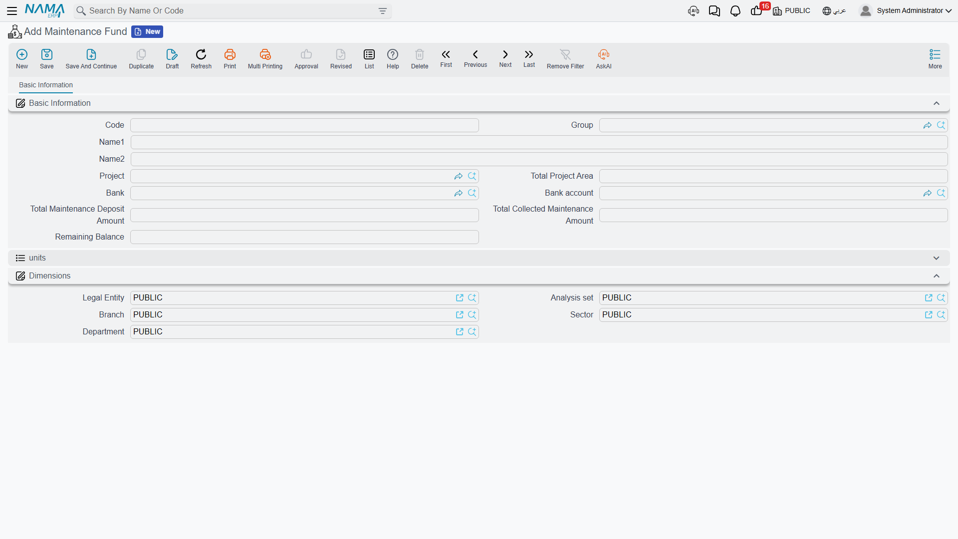 The Maintenance Fund screen, showing the project, the bank account and the project's maintainable units