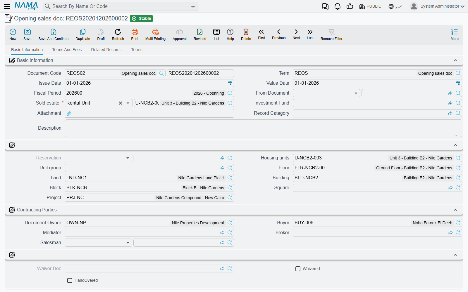 The opening sales contract with its price block, installment grid and the Fully Paid column