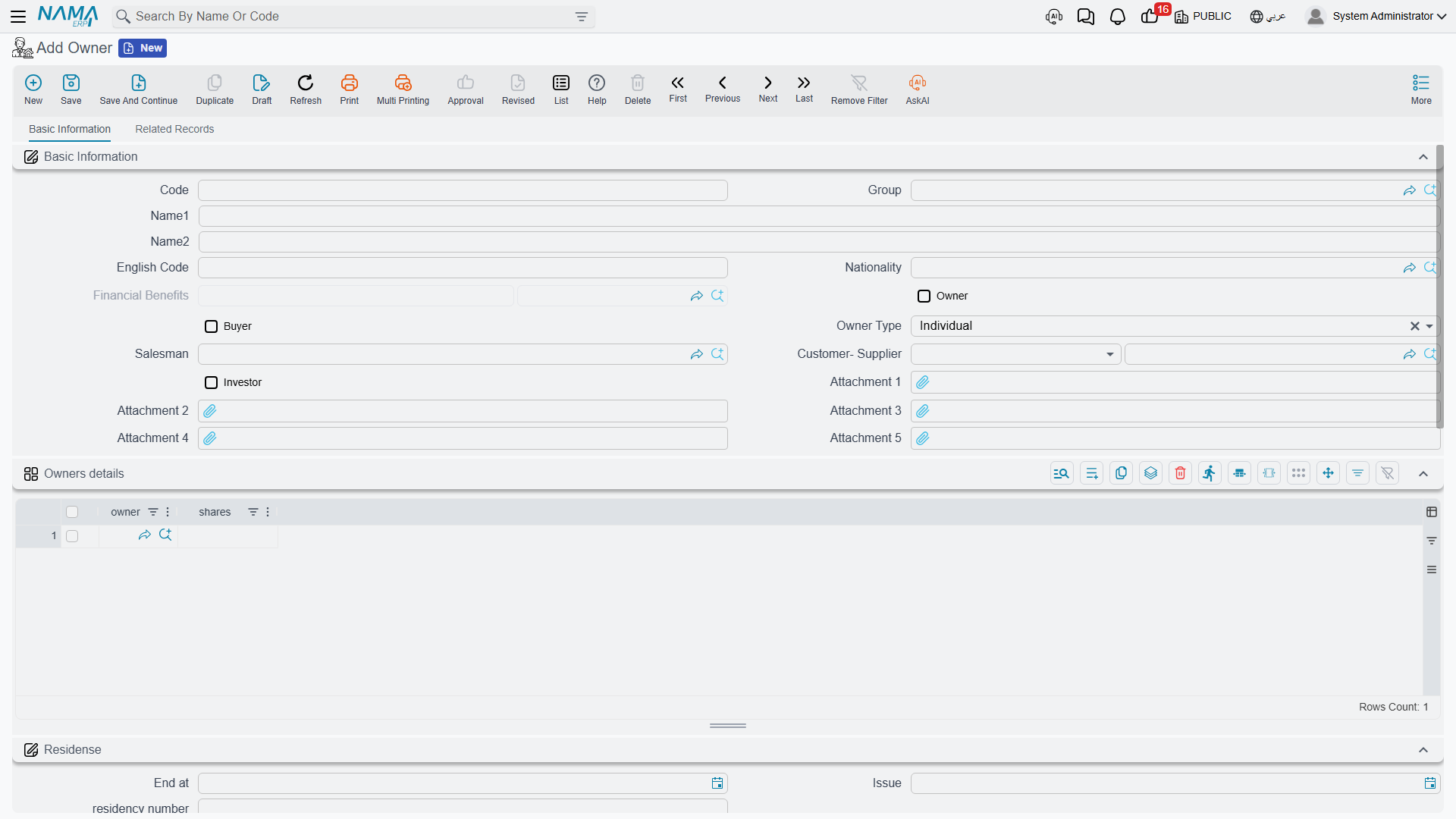 The Owner screen with the role switches, the owners-details grid and the residence group
