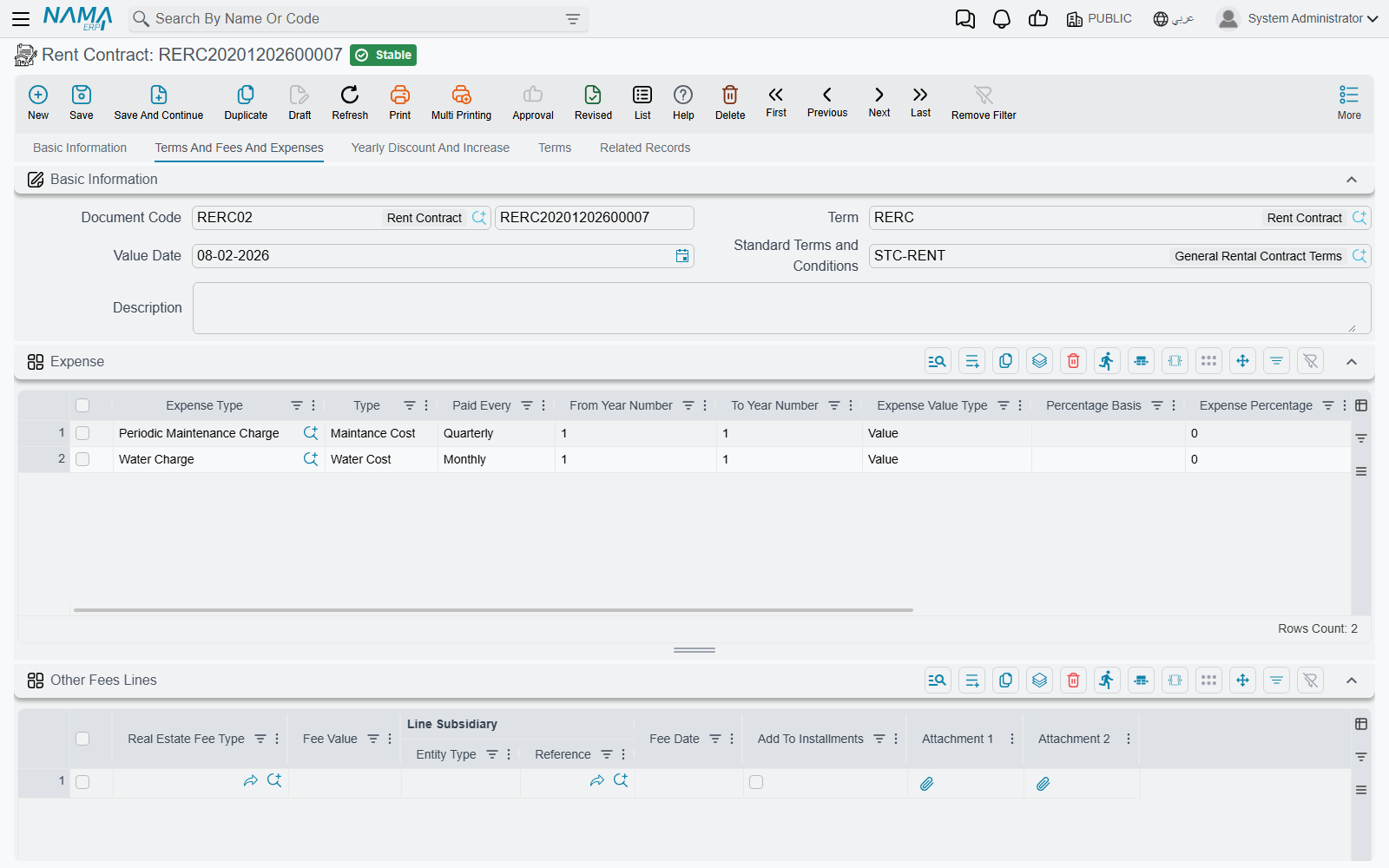 The Terms, Fees and Expenses page of the rent contract, showing the Expense grid that feeds the generated schedule