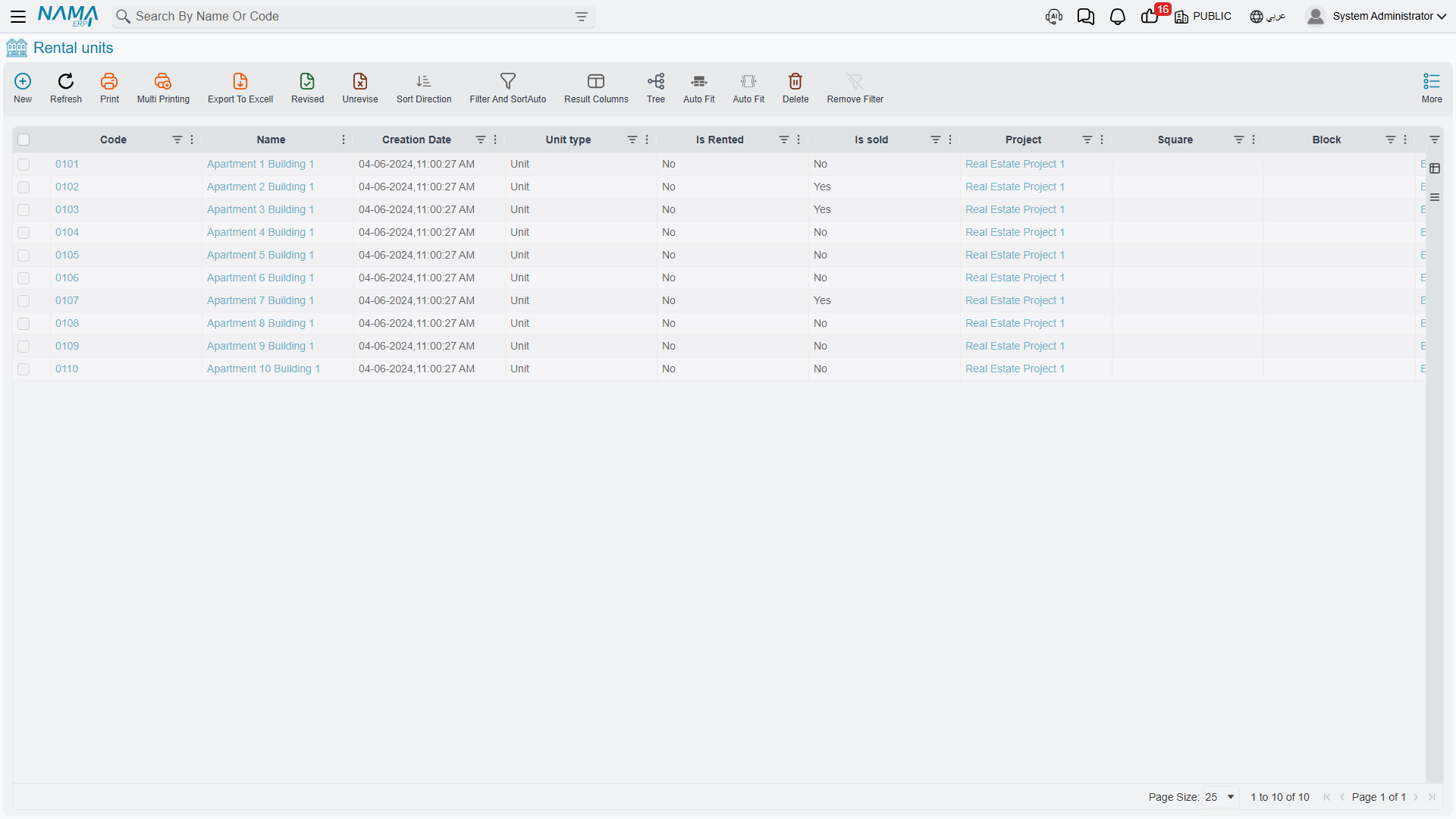 The Rental Unit list screen, showing the status and area columns every estate shares
