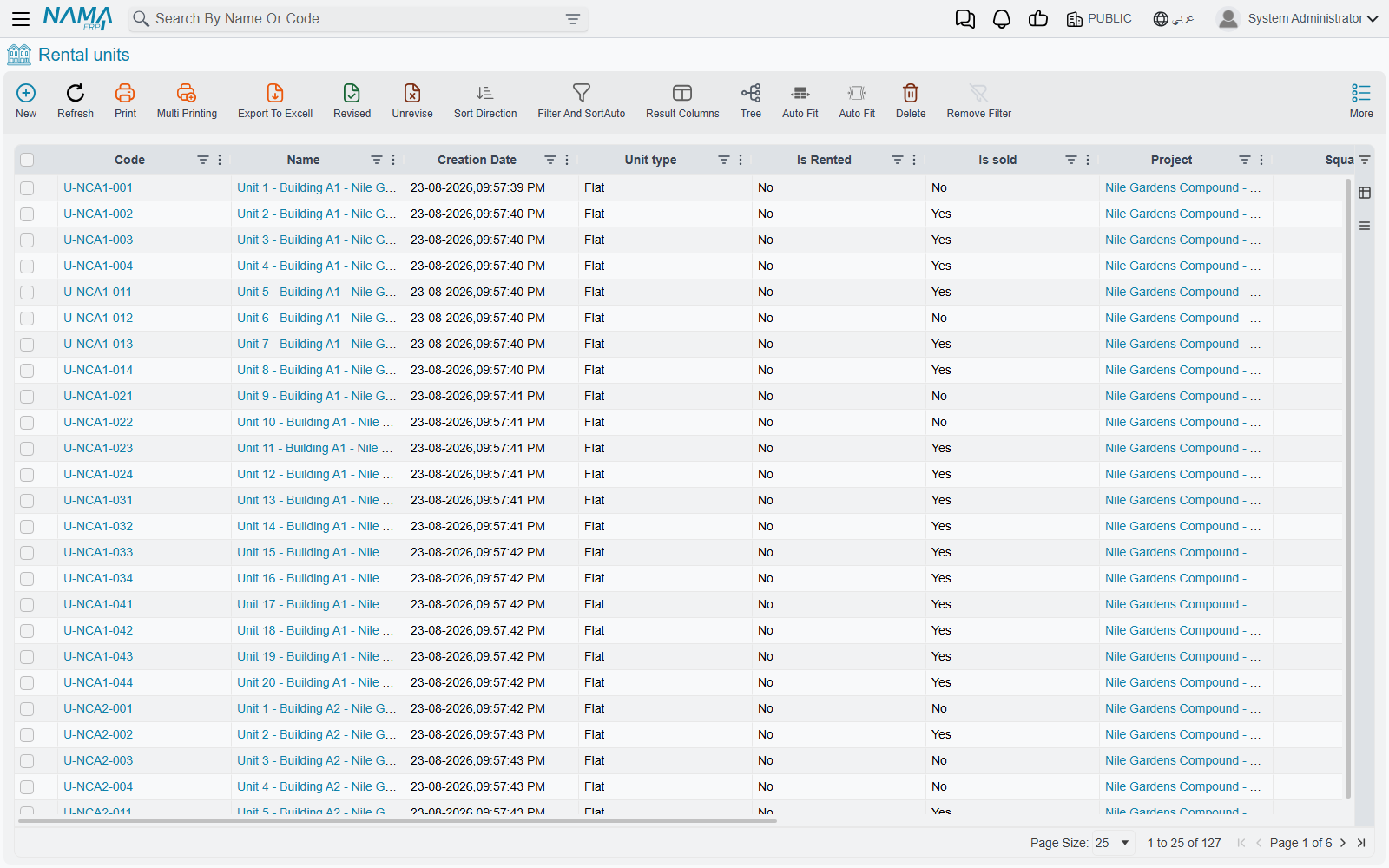 The Rental Unit list screen, showing the status and area columns every estate shares