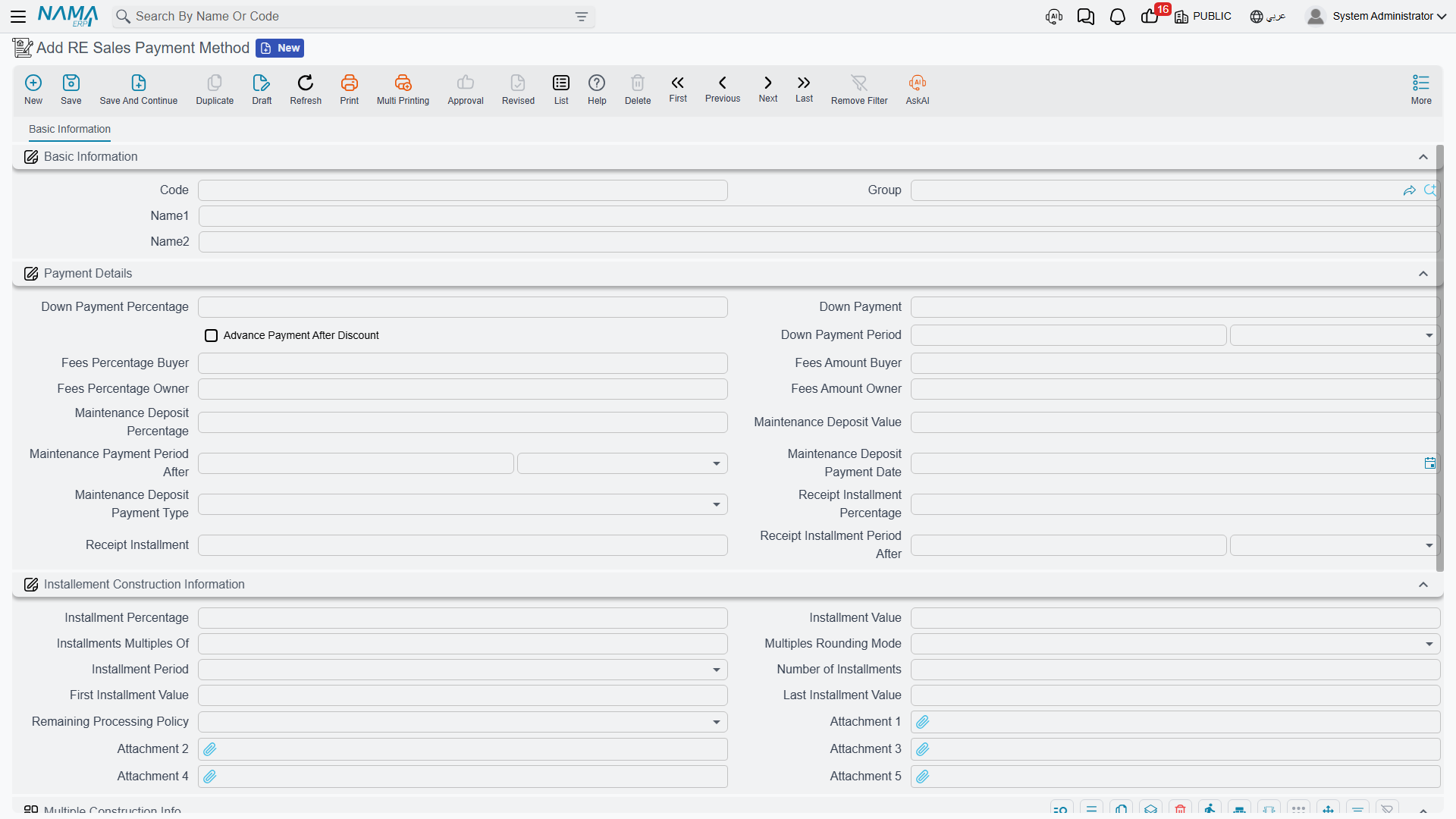 The RE sales payment method screen