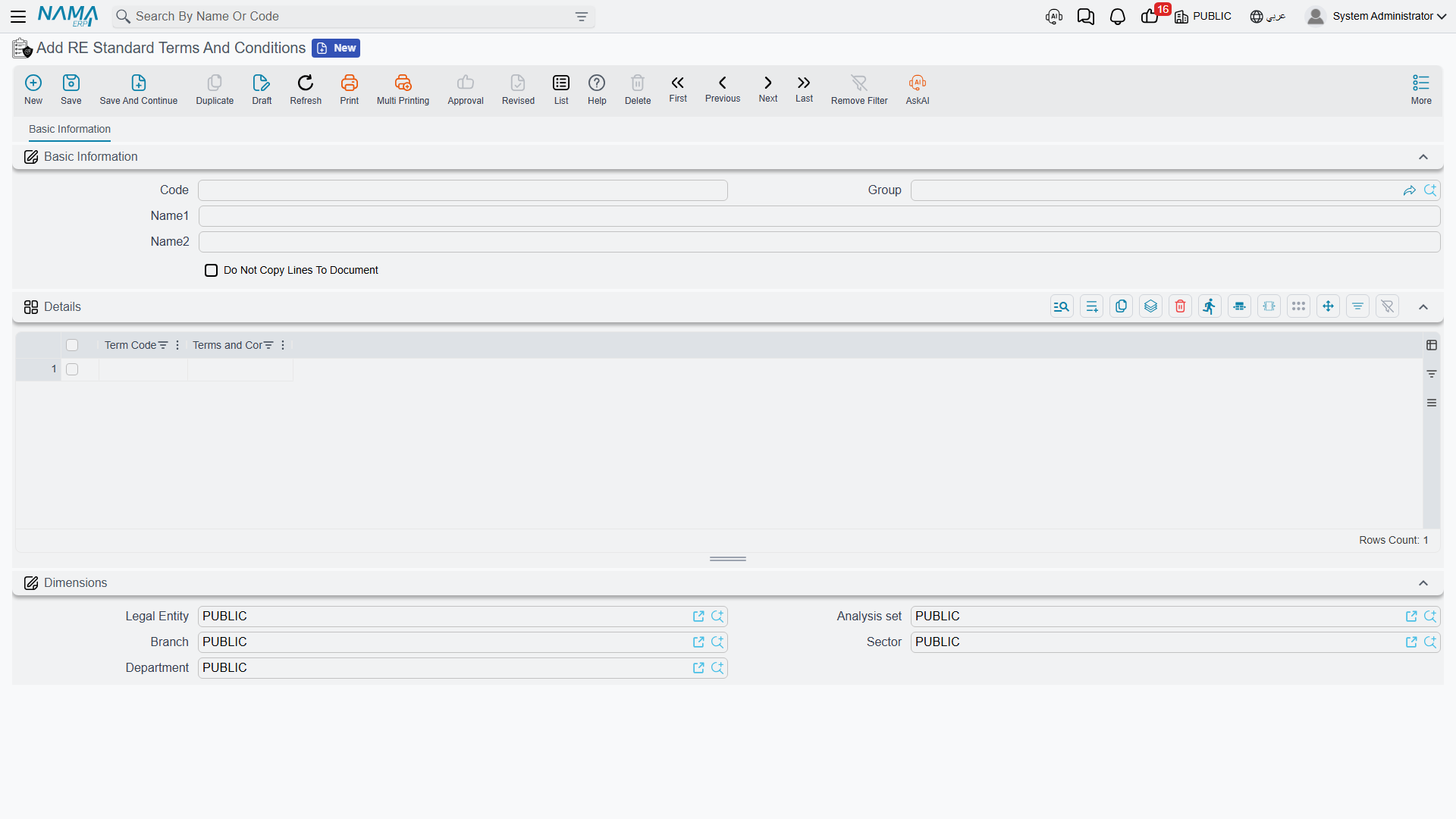 The RE Standard Terms And Conditions screen with the clause grid