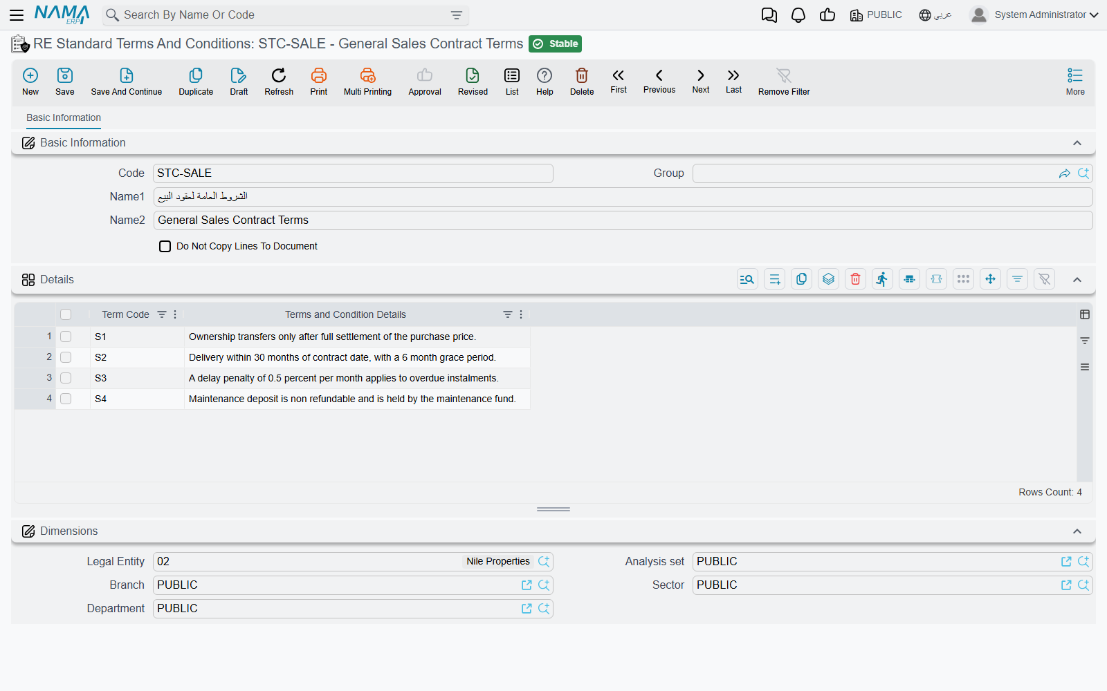 The RE Standard Terms And Conditions screen with the clause grid