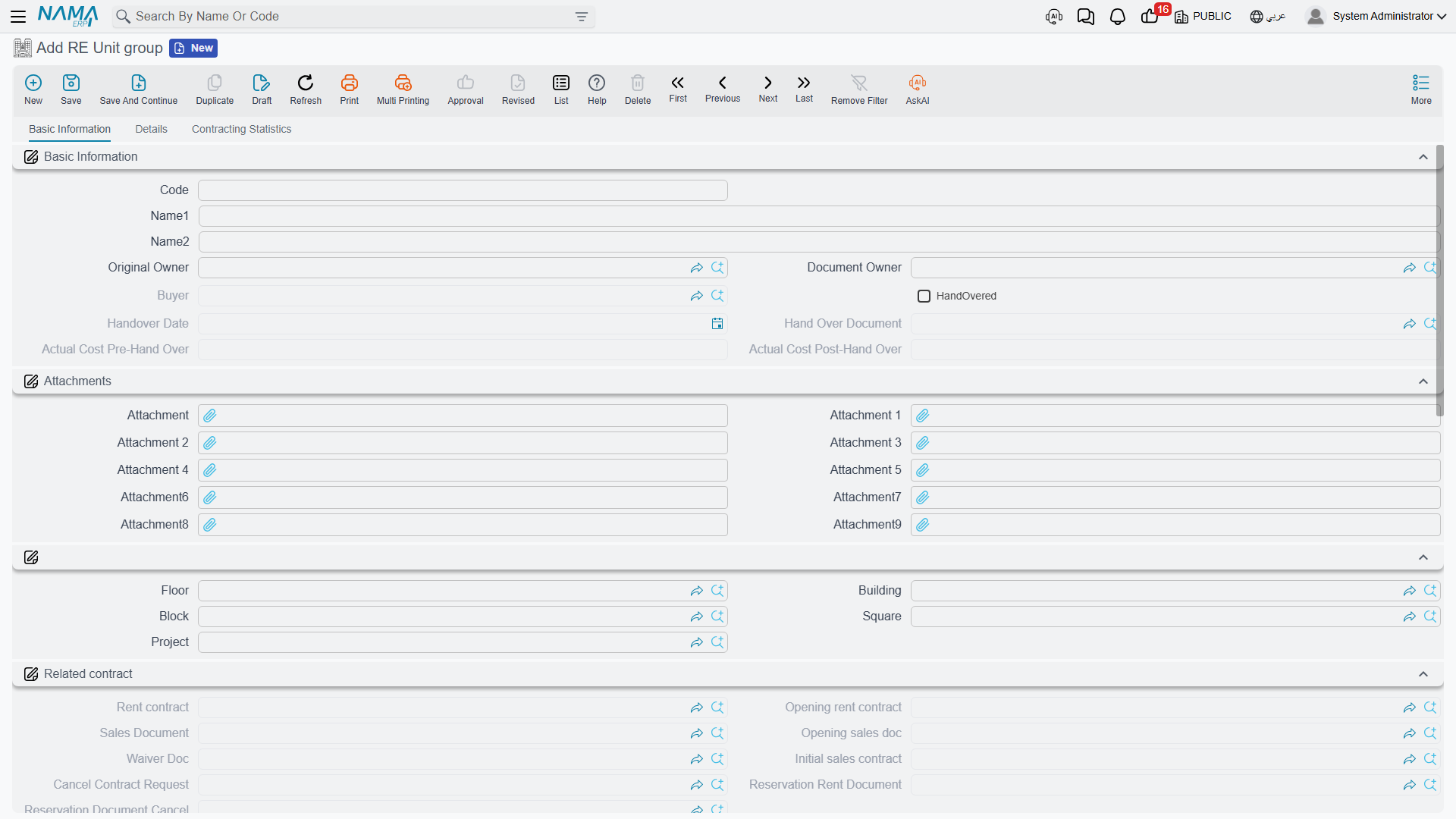 The RE Unit group screen with the units-details grid and the units-status group