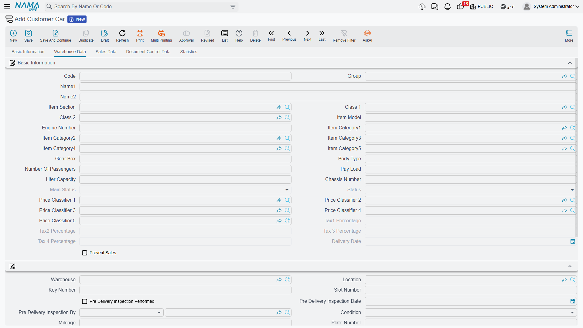 The Warehouse Data tab of the car file