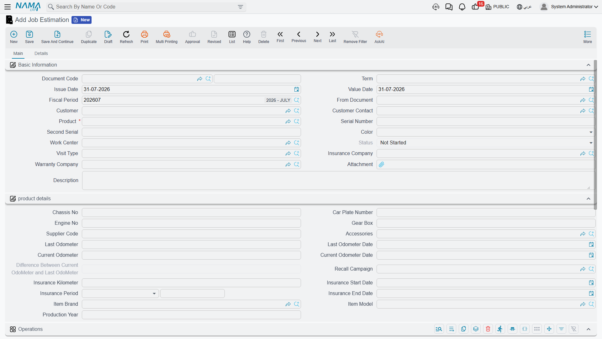 The Job Estimation screen