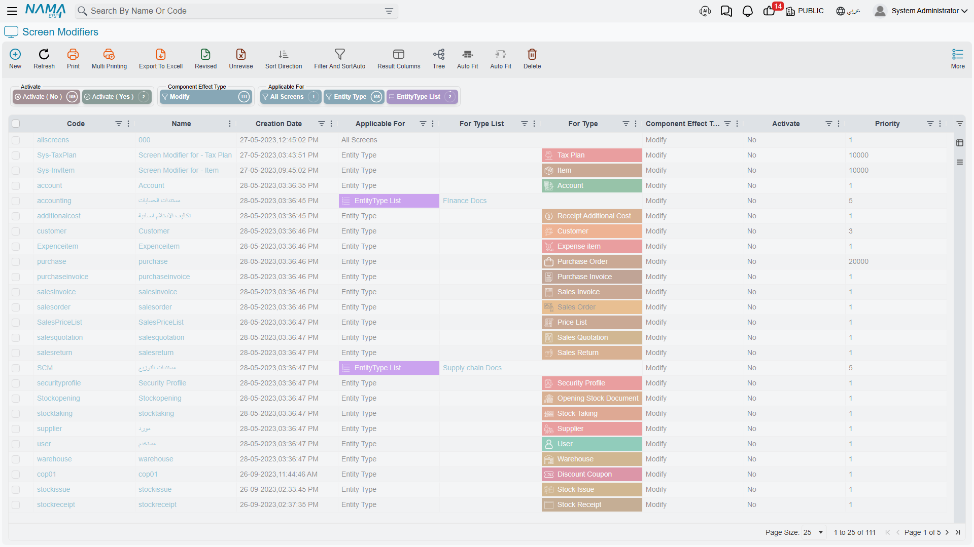 Screen Modifier list view