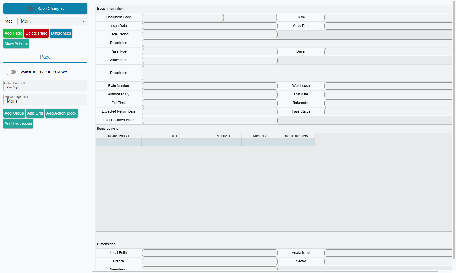 The Visual Layout Editor: the properties panel on the left, the live screen on the canvas