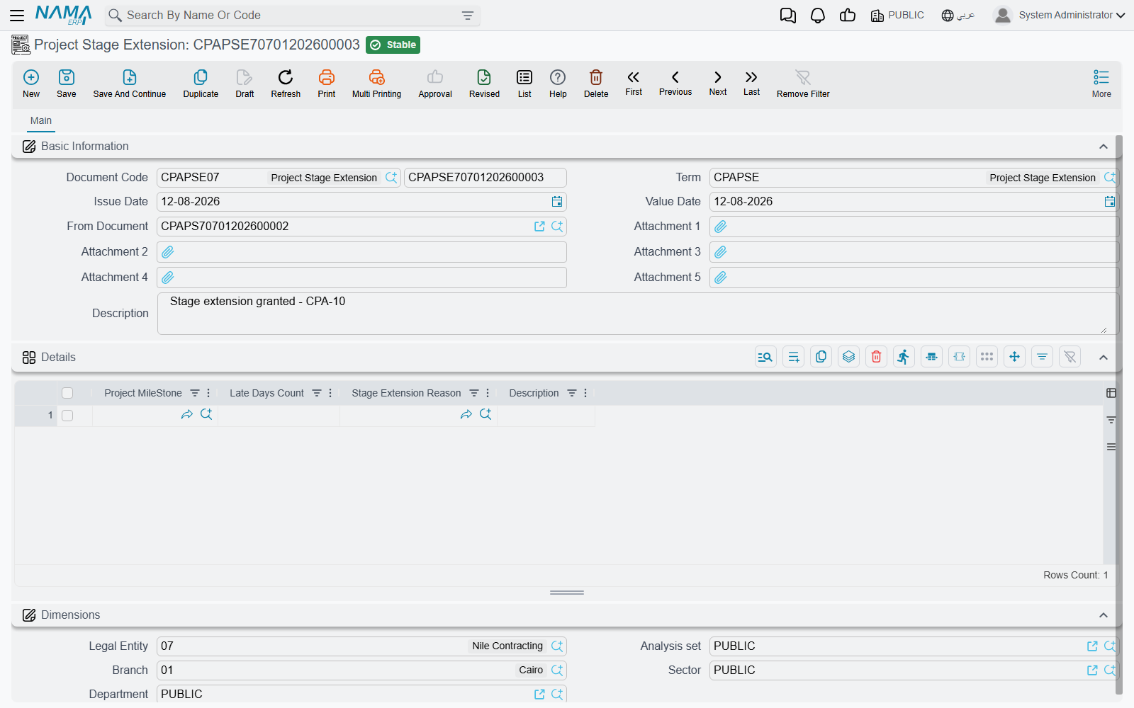 The Project Stage Extension: From Document at the top, then a line per delayed milestone with its days and reason
