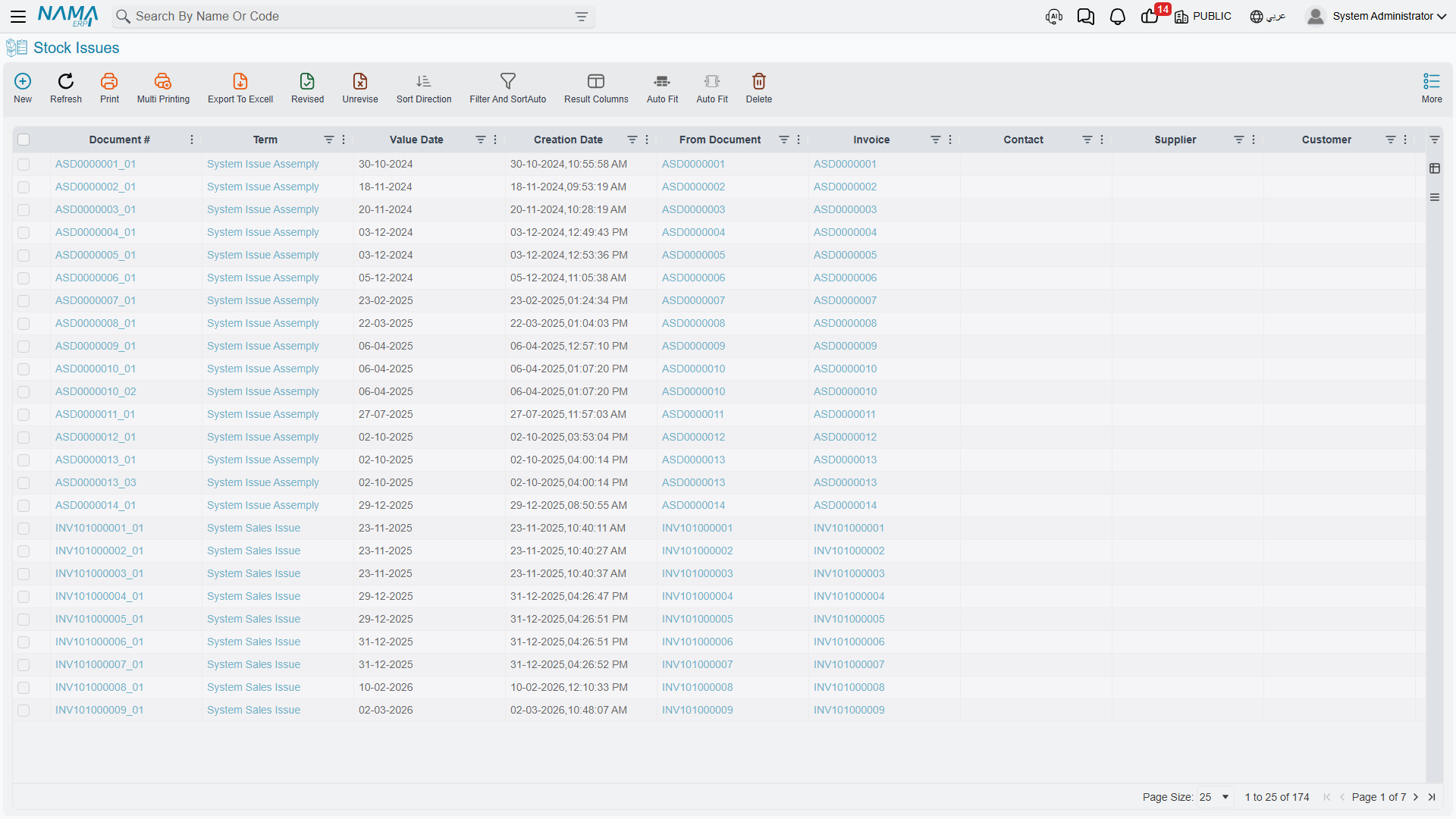 Stock issue list in NaMa ERP