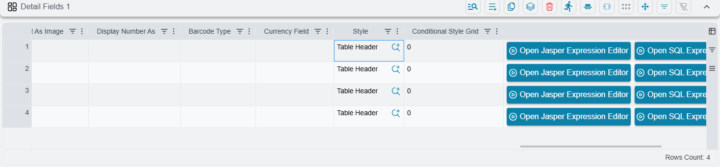 The Style column on the detail field lines of a printing form wizard, with every line pointing at the Table Header style