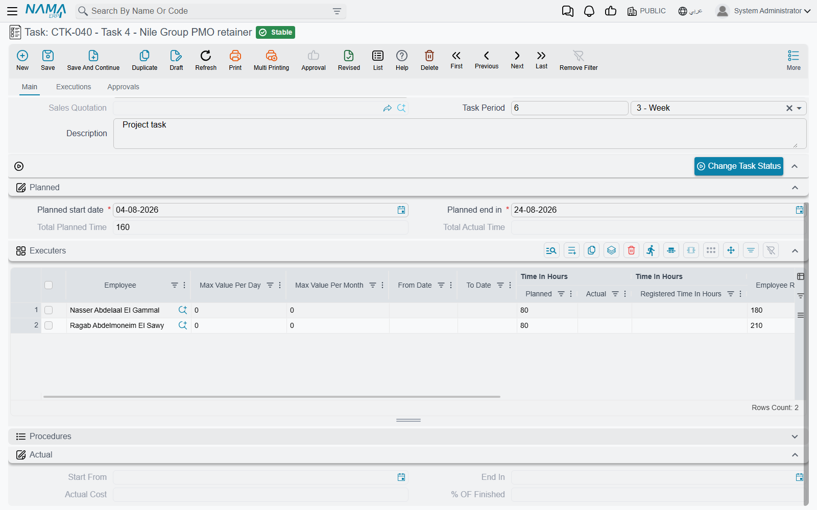 The Executers grid, scrolled to the hours and cost columns