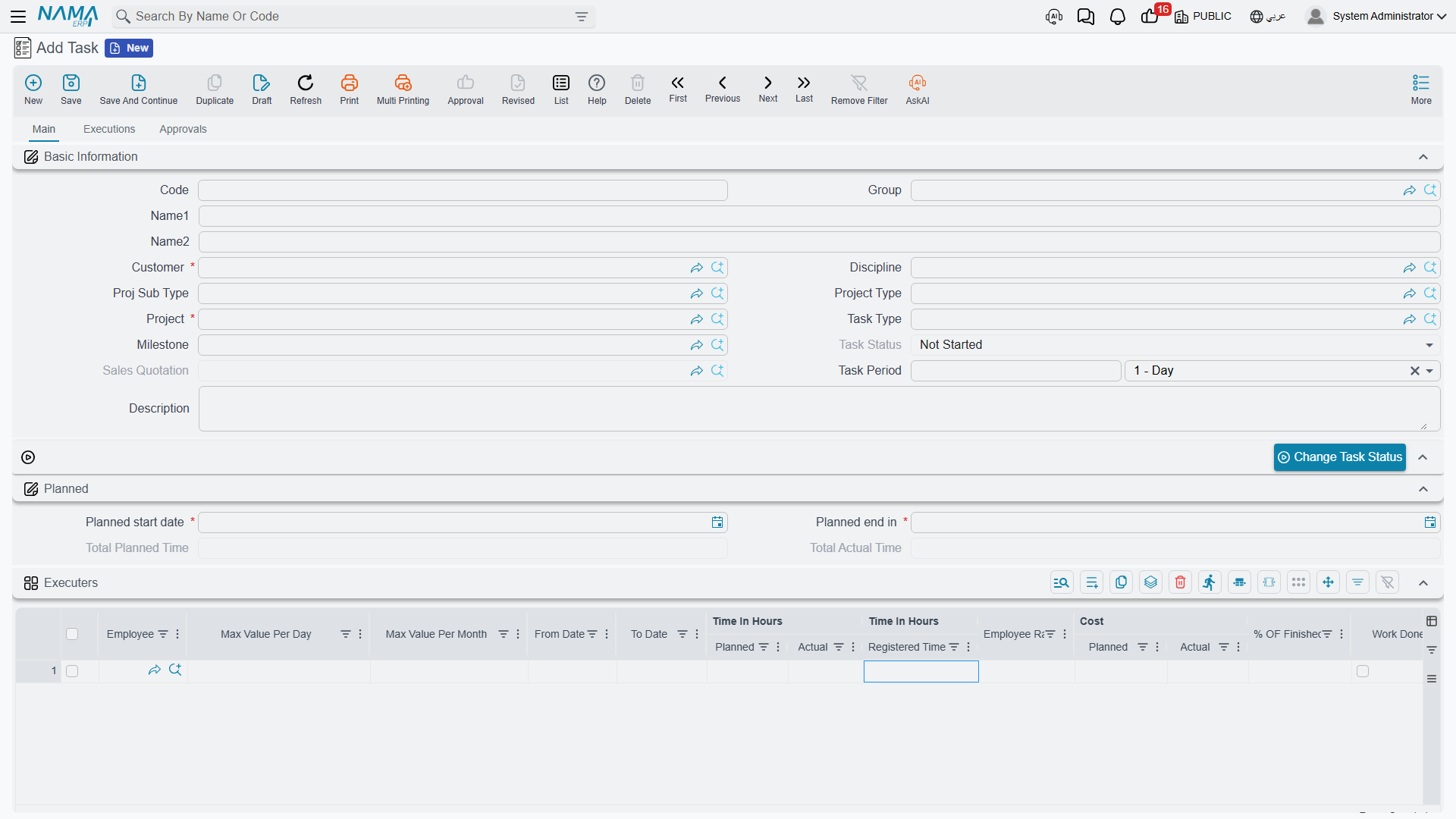 The Executers grid, scrolled to the hours and cost columns