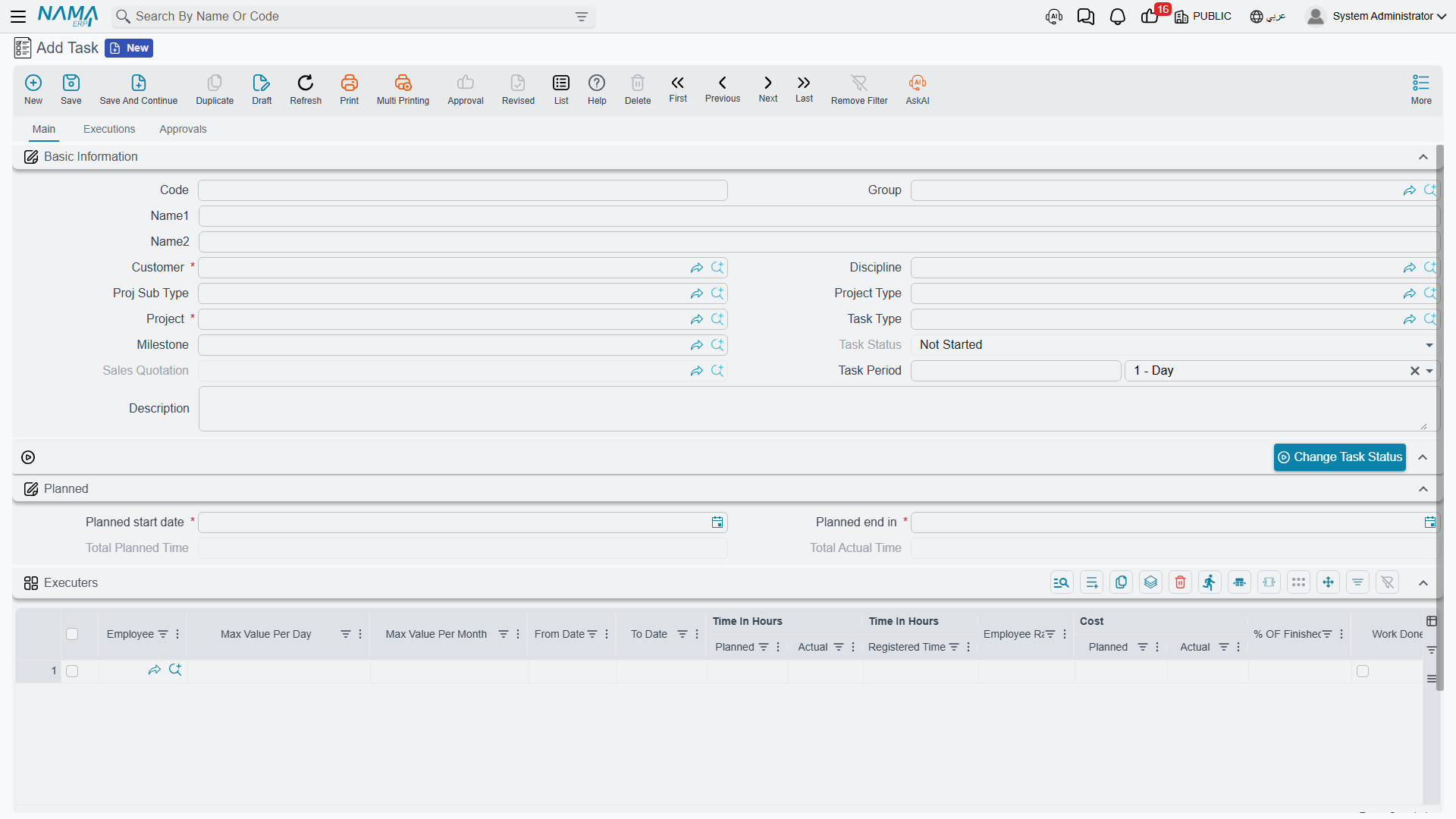 The Task screen: identity, the Planned group, and the Executers grid