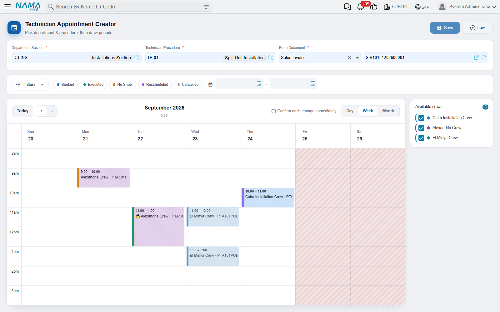 The technician booking calendar