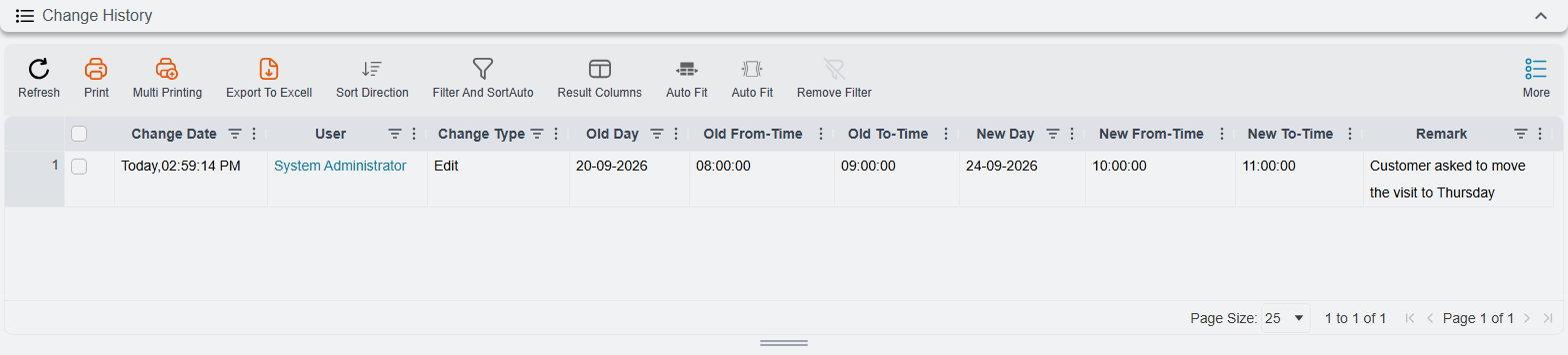 The Change History page of a technician appointment