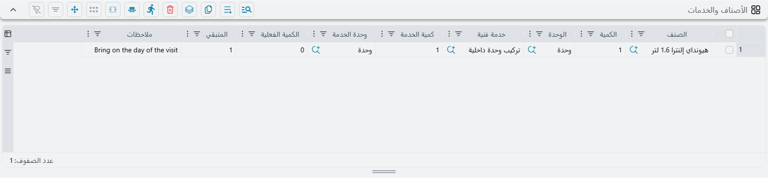 جدول الأصناف والخدمات في الموعد الفني