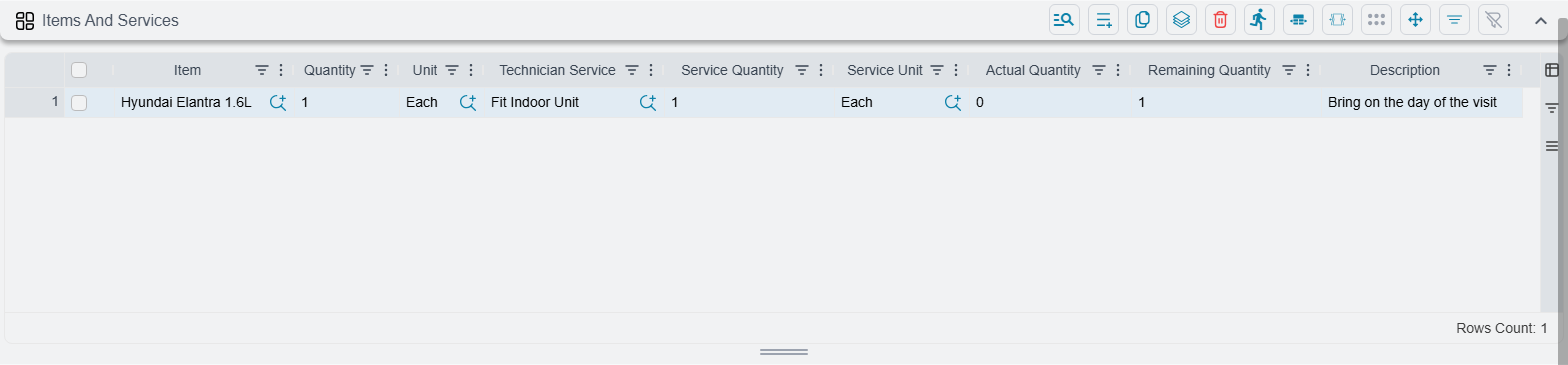 The Items And Services grid of a technician appointment