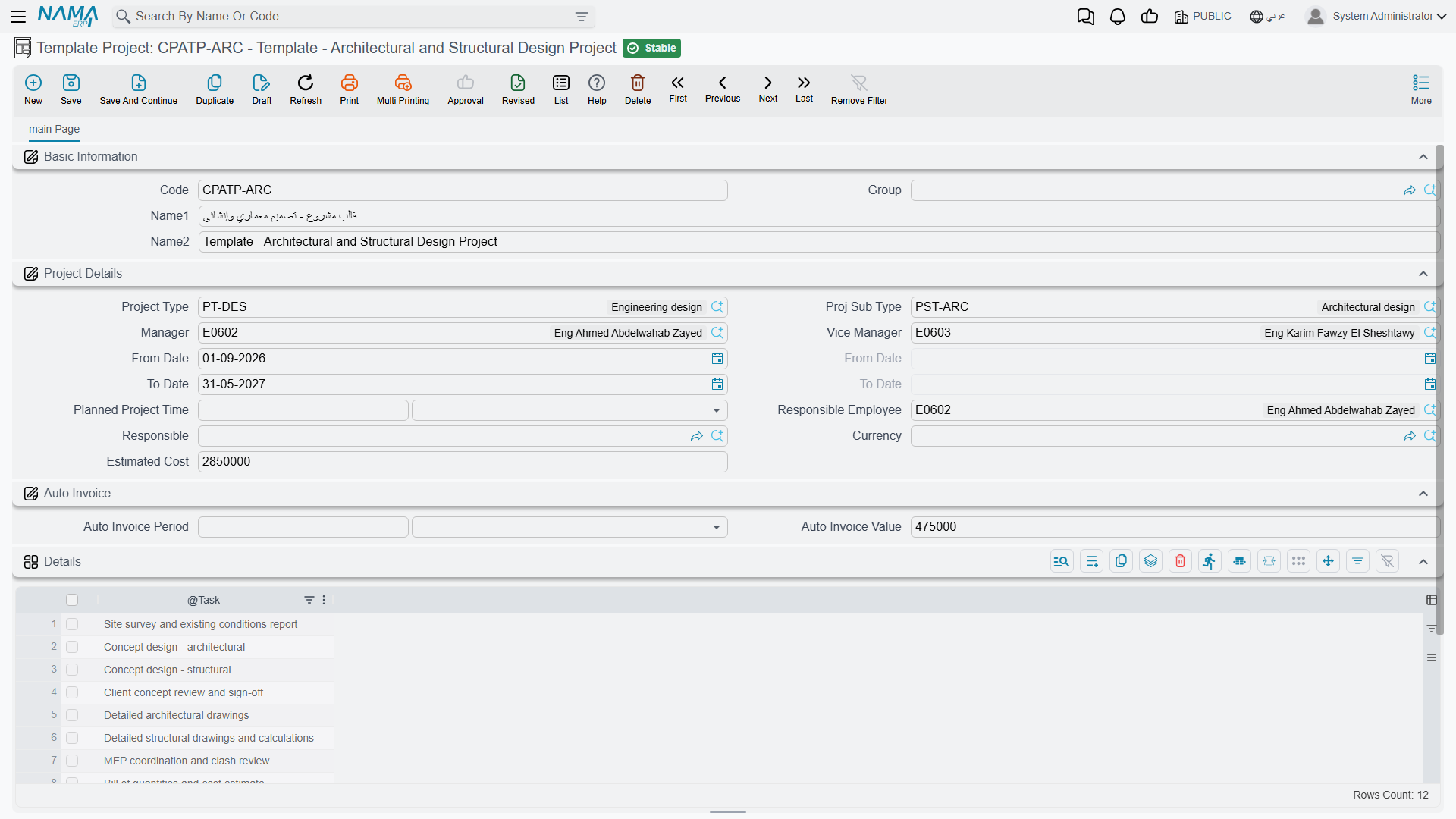 The Template Project screen: identity, project-detail defaults and the task list
