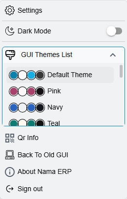 The theme list in the user menu