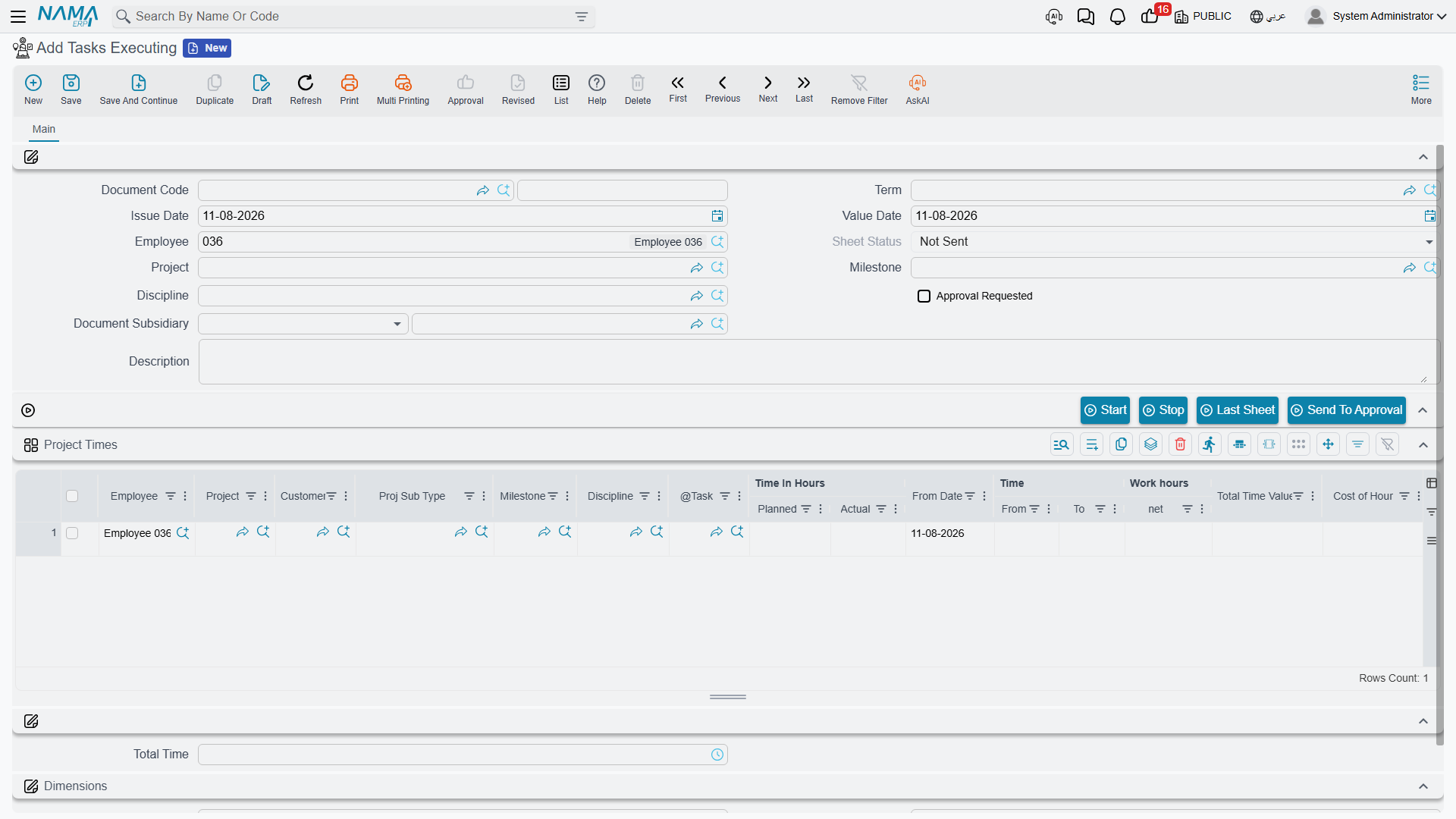 The Tasks Executing document: header defaults, the stopwatch buttons, and the Project Times grid