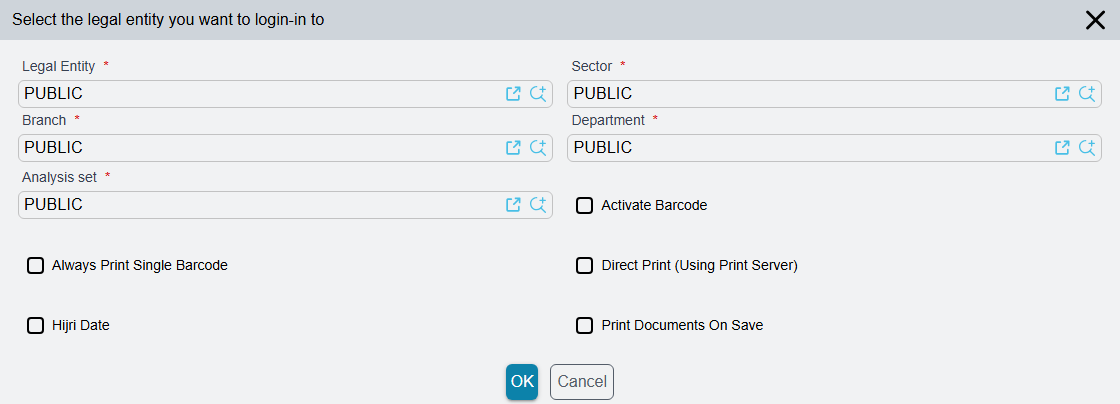 The login dimensions window opened from the company name