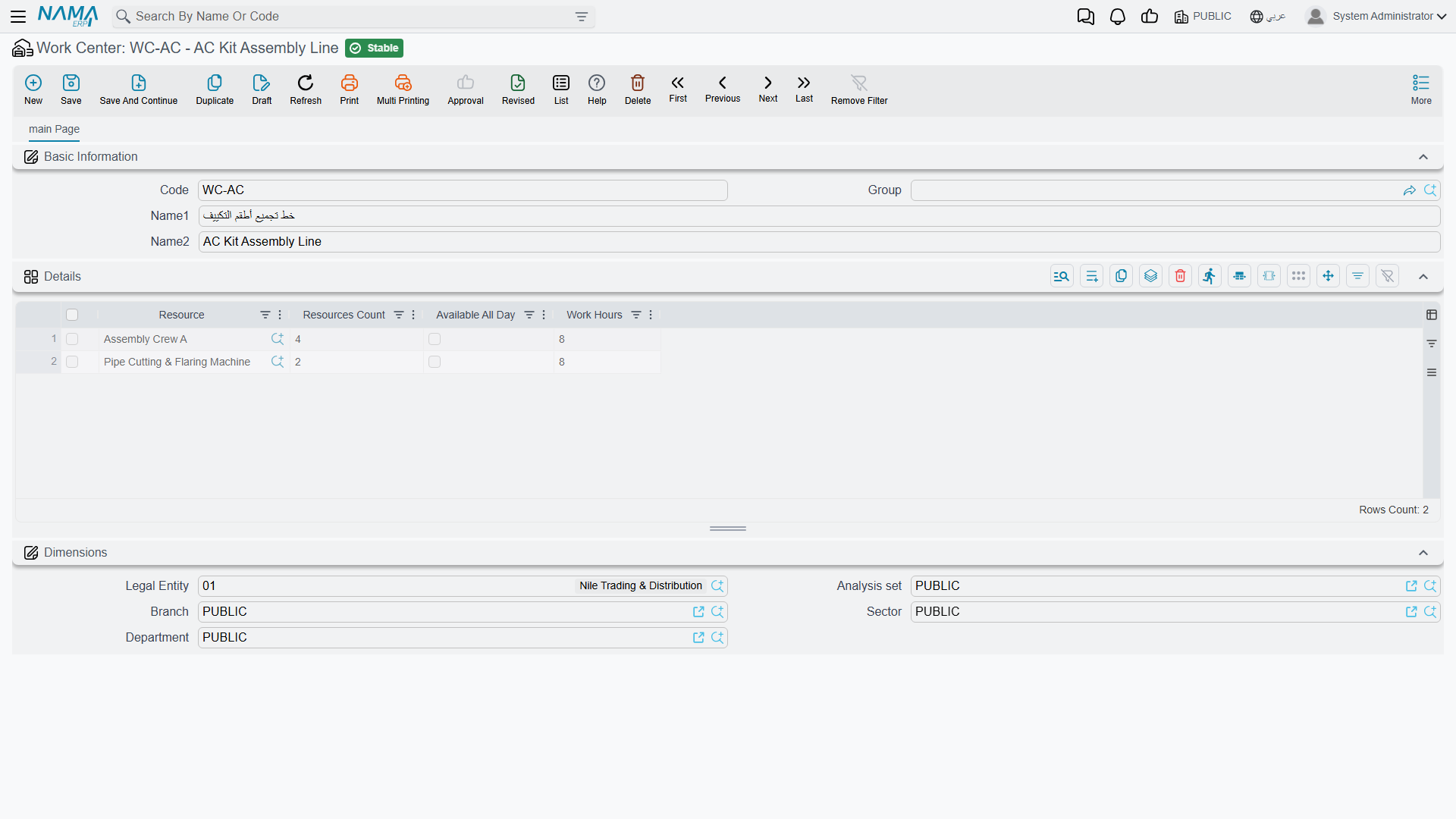 The work center screen