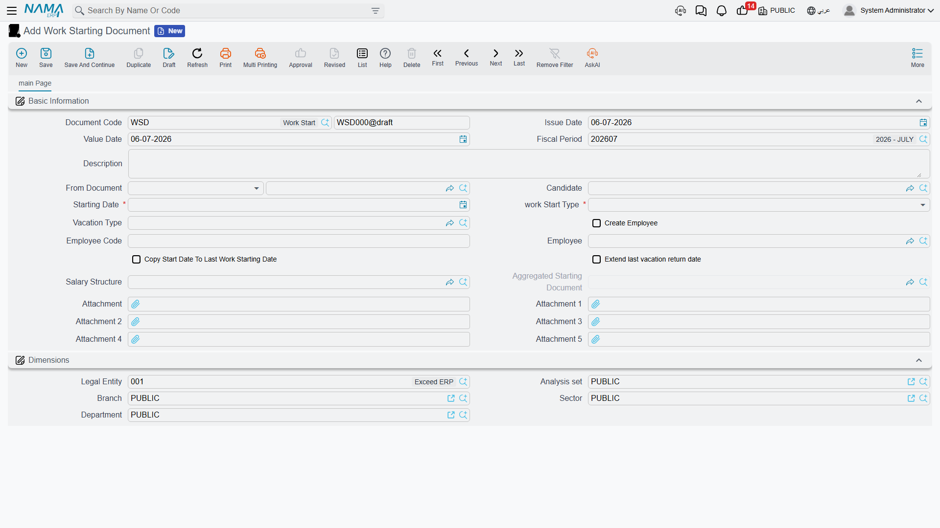 Work Starting Document edit screen, showing work start type and the create-employee option