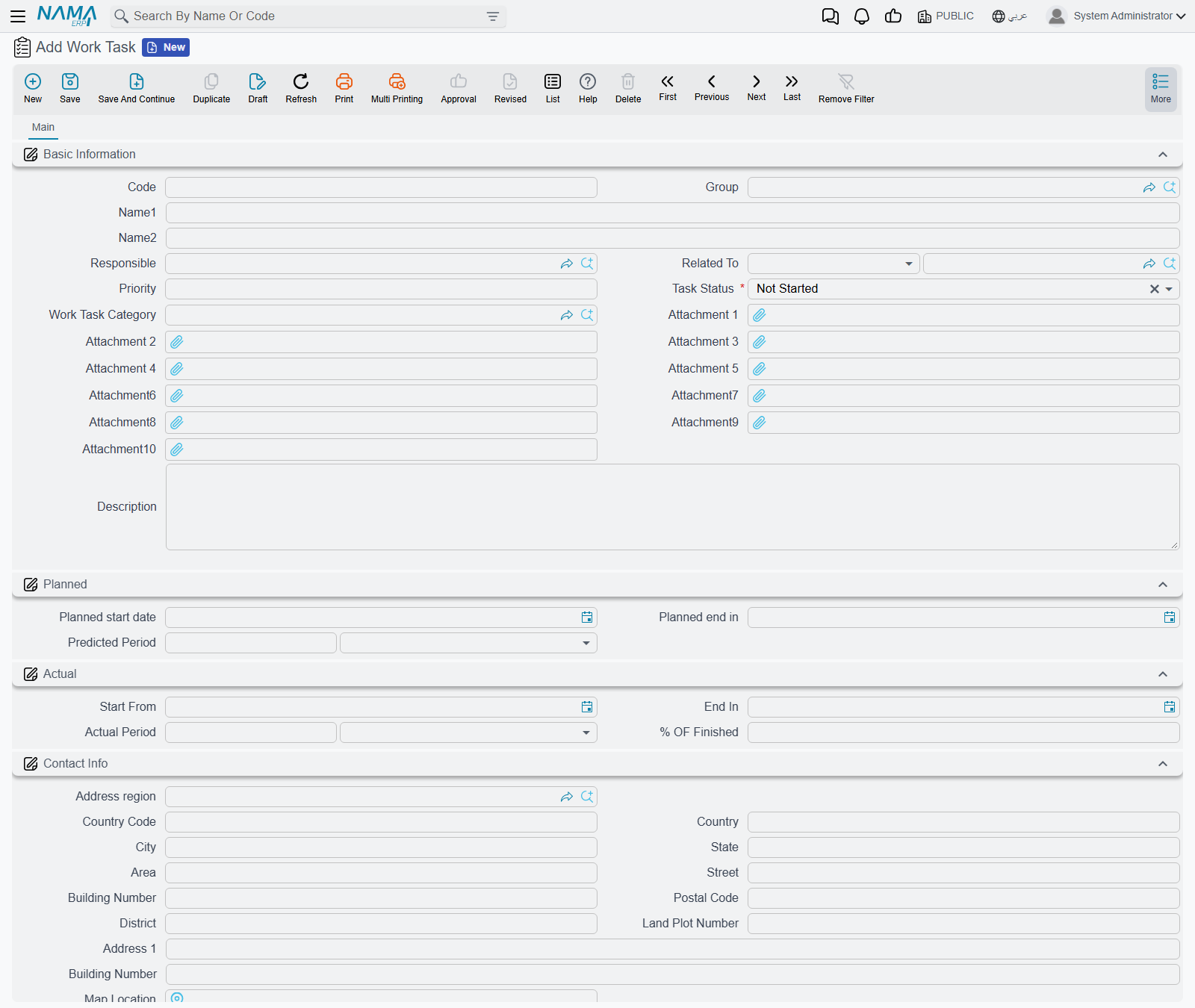 The Work Task screen