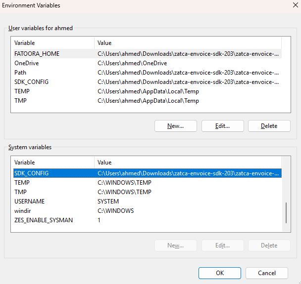 Zatca System Variables Screenshot